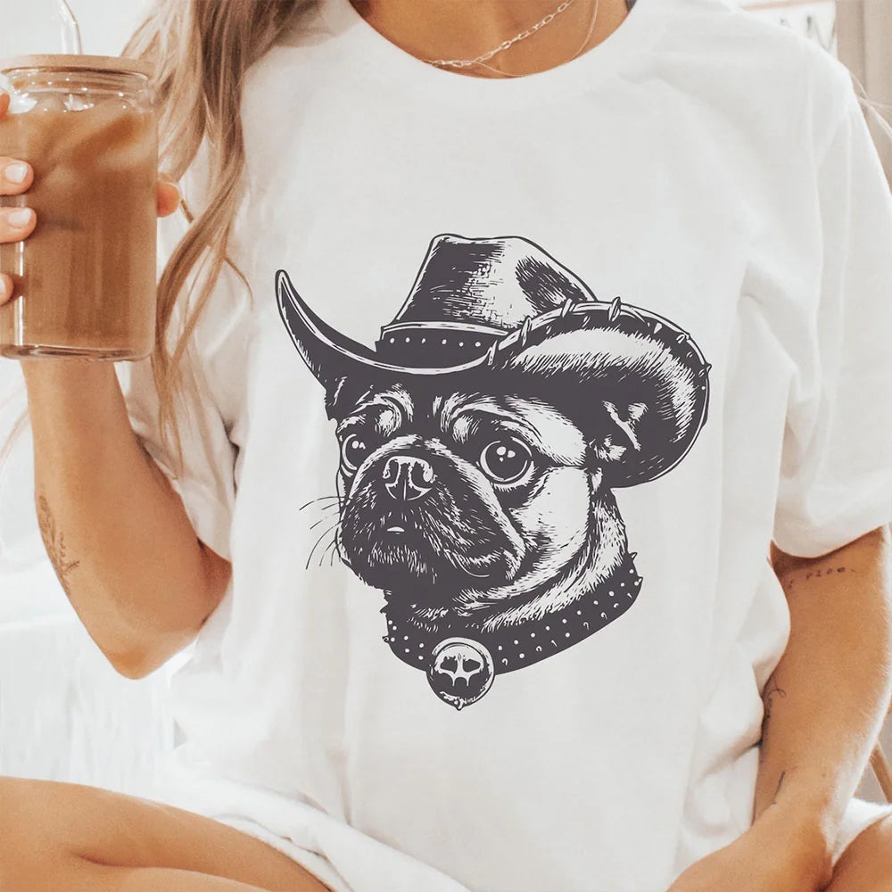 Pug Cowboy T-Shirt – Western Style Tee for Pug Lovers and Owners – Unique Gift Pug Fans in Wild West Style, Pug Spiked Collar, Pug Mom Tee