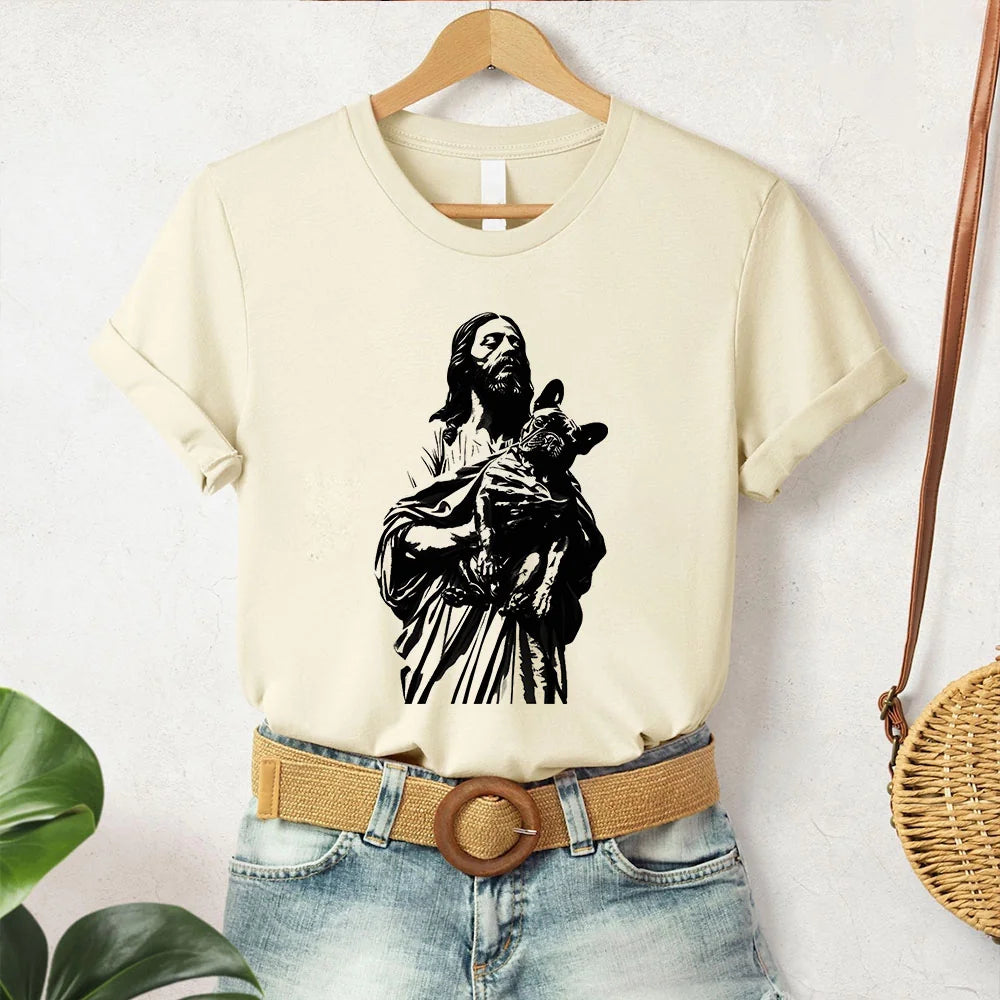 Jesus French Bulldog Shirt Vintage - Jesus Holding French Bulldog Tee, God Frenchie Hug T-Shirt, Cute French Bulldog Jesus T Shirt