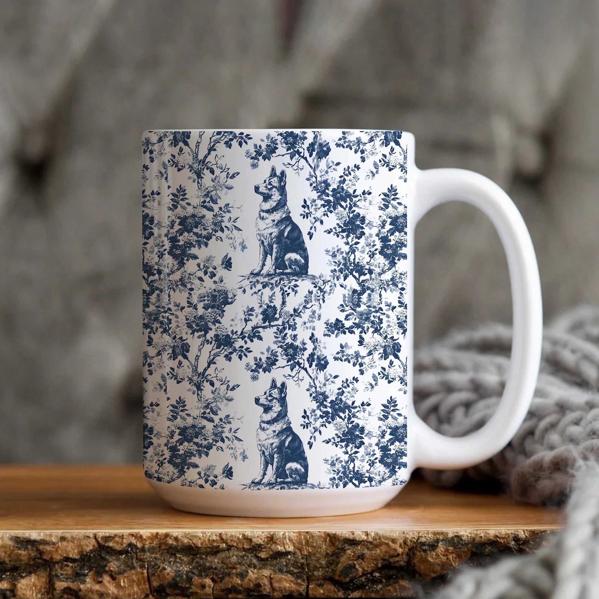 German Shepherd French Blue Toile de Jouy Mug, toile de jouy, German Shepherd ceramic mug, shepherd mugs, Shepherd Lover Gifts, Dog mug