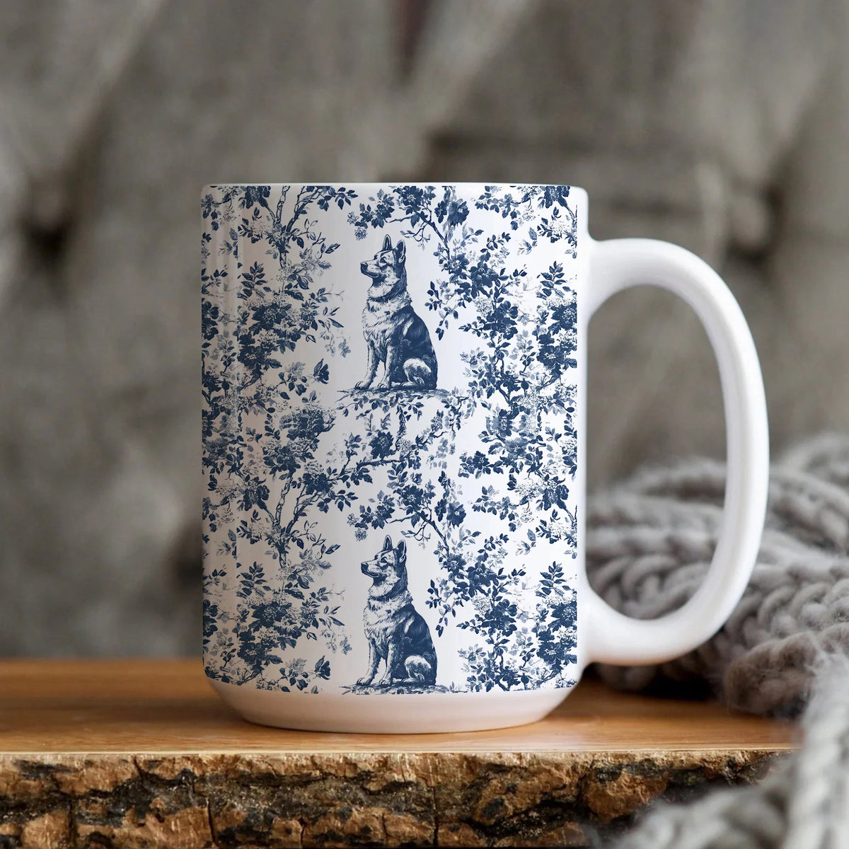 German Shepherd French Blue Toile de Jouy Mug, toile de jouy, German Shepherd ceramic mug, shepherd mugs, Shepherd Lover Gifts, Dog mug