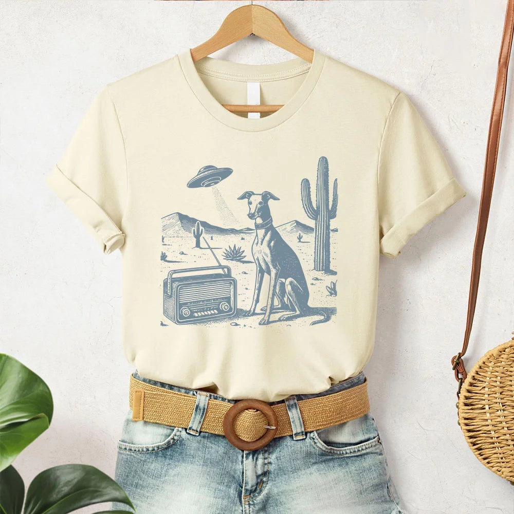 Whippet Greyhound Shirt, Vintage Dog Shirt, UFO Western T-shirt, Retro Radio, Wild West, Dog Gifts, Whippet Dad, Iggy Mom, Barkadia Radio