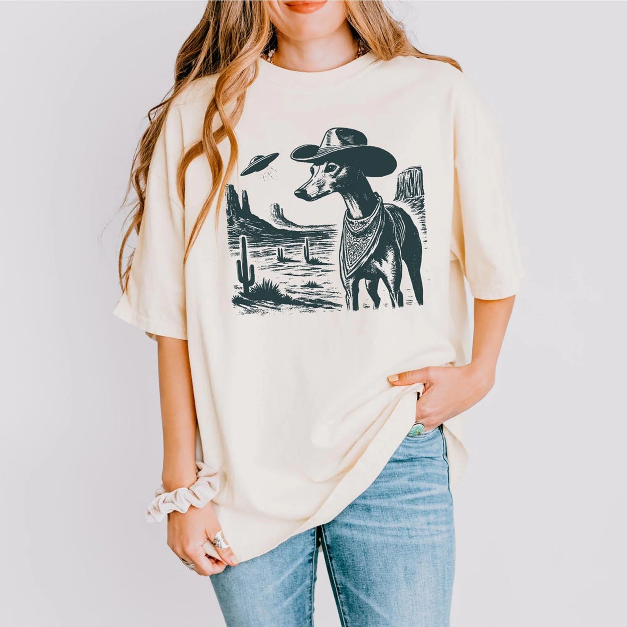 Greyhound UFO Shirt, Vintage Retro Cowboy Alien Dog T-Shirt, Funny Western Greyhound Gift for Dog Lovers, Greyhound Mom Whippet Dad Tee