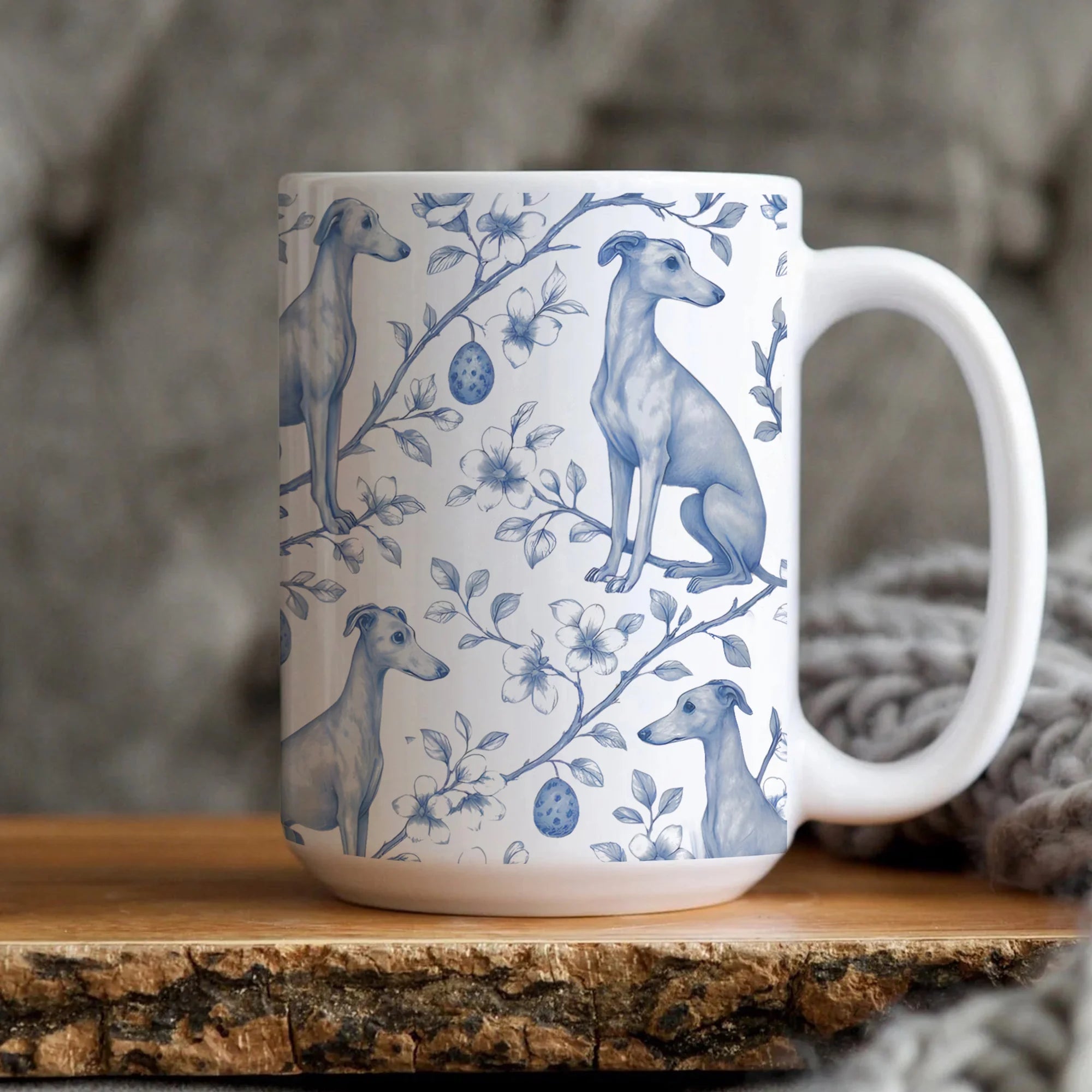 Whippet Mug Italian Greyhound Coffee Cup Blue and White Floral Dog Lover Cup Chinoiserie Greyhound Dog Breed Blue Toile Mug French Style Mug