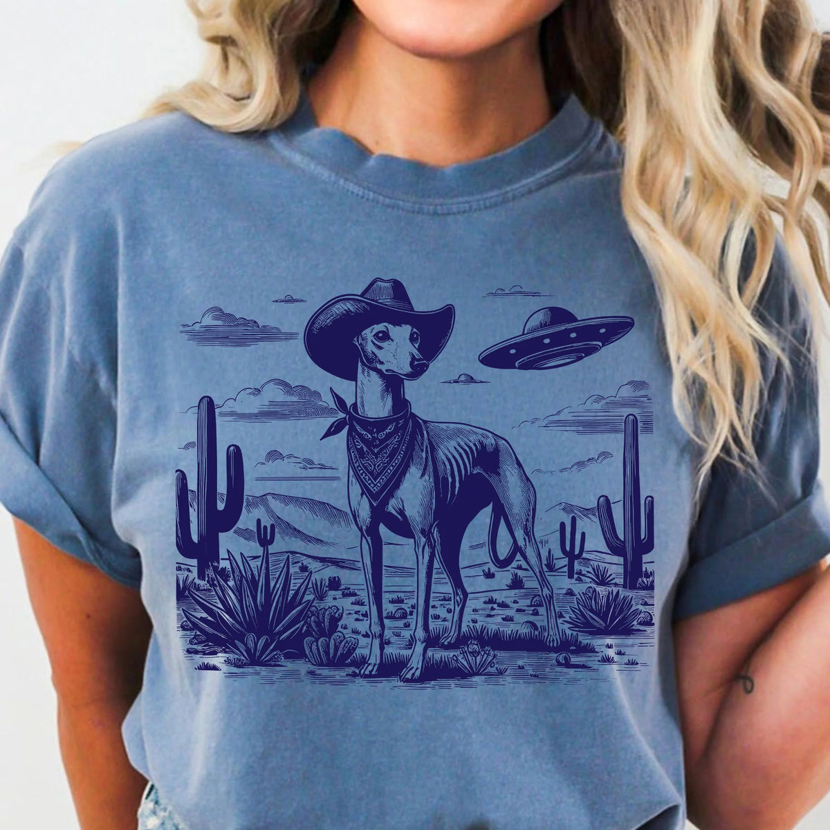 Greyhound Shirt, Greyhound Vintage Shirt UFO Western Shirt, Retro T-Shirt, Cowboy TShirt, Dogful DogMom, Dogfulness Shirting Greyhoundeek