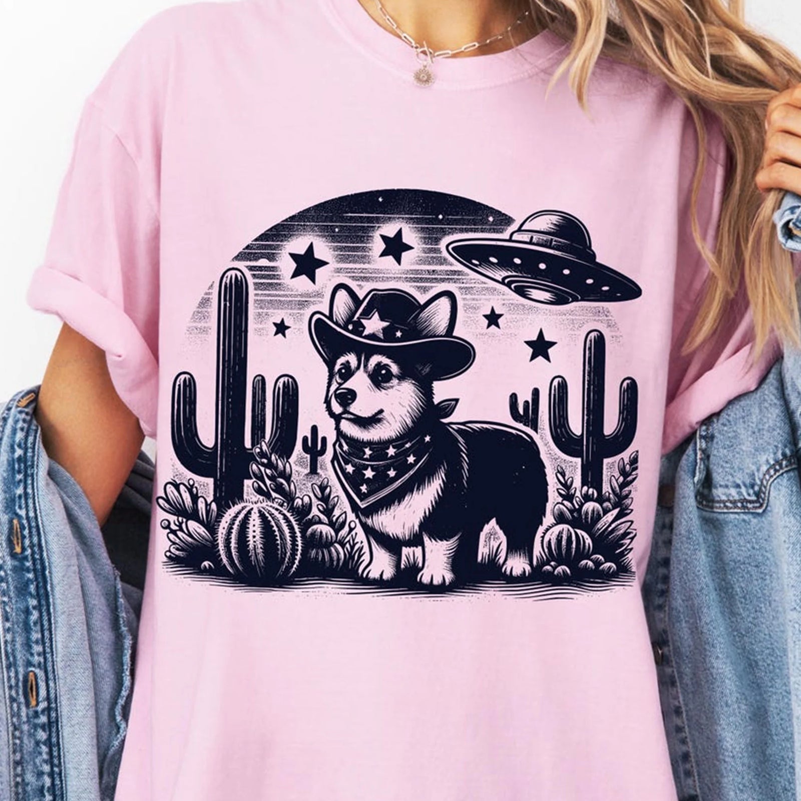 Corgi Shirt, Corgi Vintage Shirt UFO Western Shirt, Retro T-Shirt, Cowboy TShirt, Wild West, Dogful DogMom, Dogfulness Shirting,Pet Lovers
