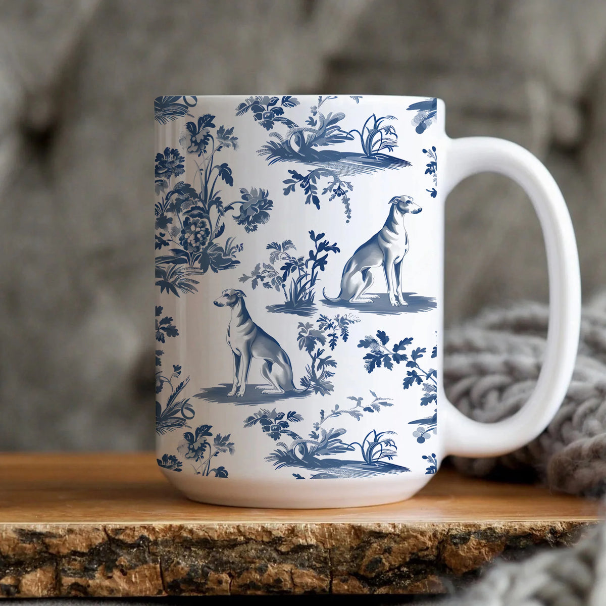 Greyhound Toile Mug, Greyhound Dog French Toile Coffee Cup, Elegant Chinoiserie Mug Gift for Greyhound Mom, Ceramic Dog Lover Toile Tea Cup