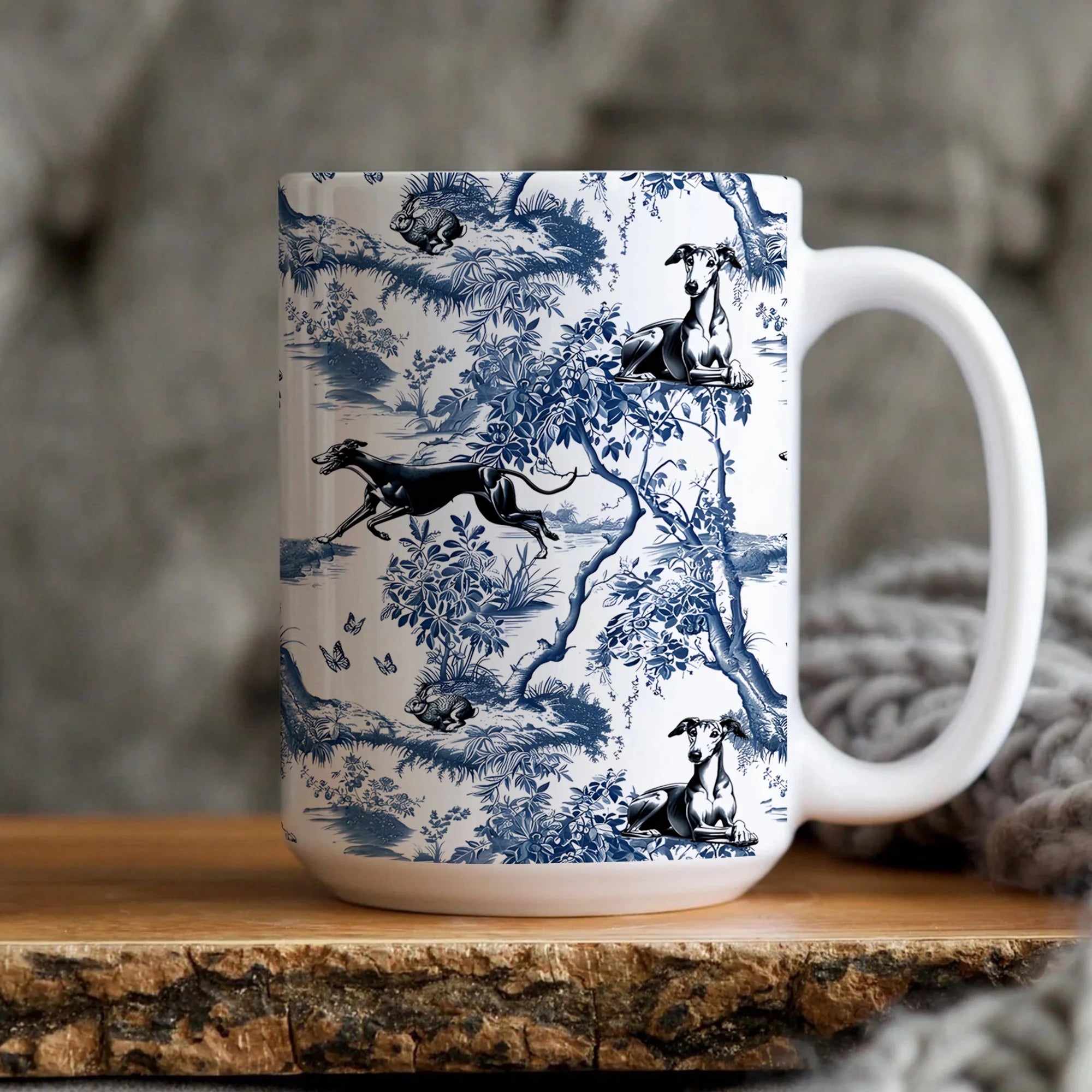 Toile Greyhound Mug Elegant Blue White Ceramic Coffee Cup Dog Mom Gift, New Dog Gifts, French Country Kitchen Decor Housewarming Present