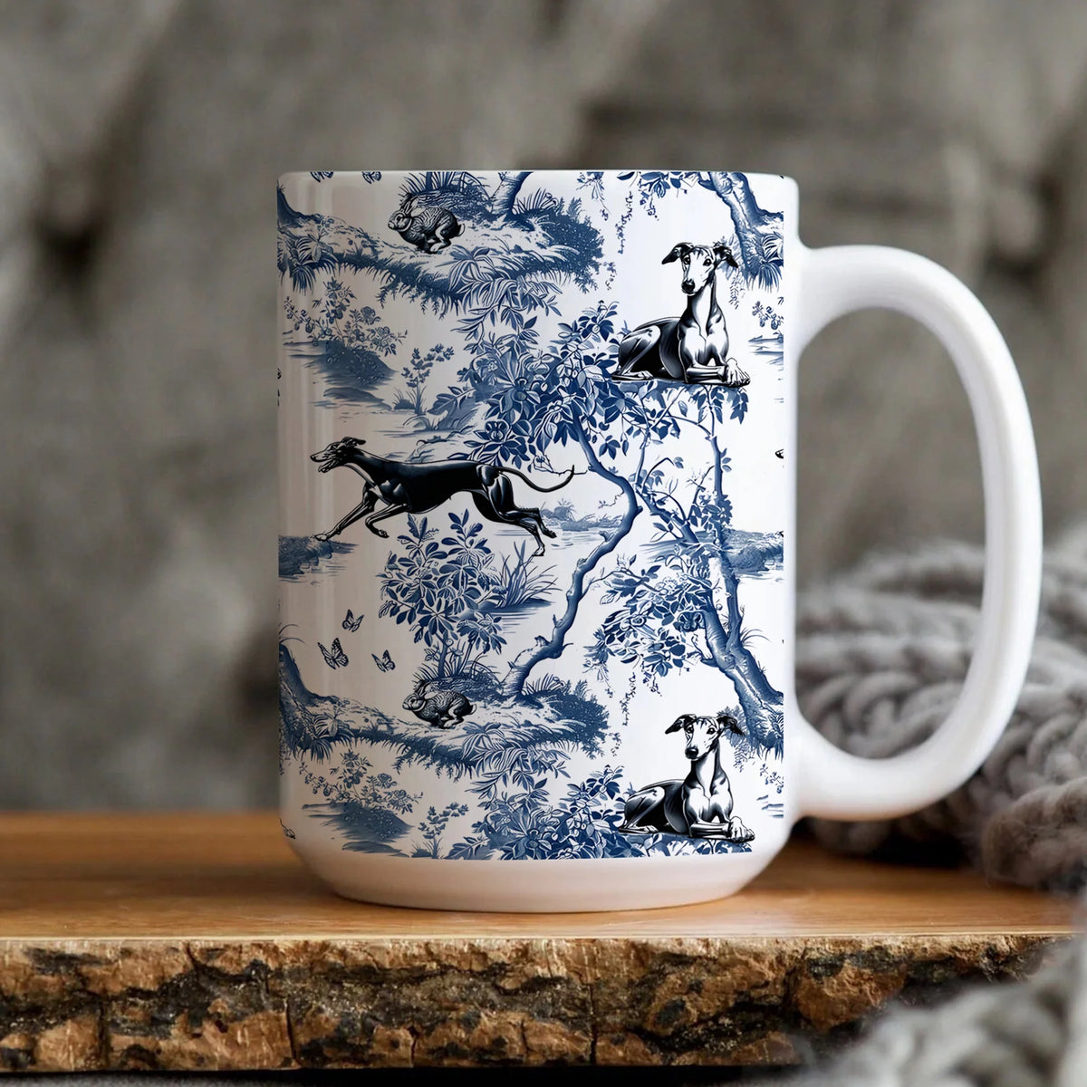 Toile Greyhound Mug Elegant Blue White Ceramic Coffee Cup Dog Mom Gift, New Dog Gifts, French Country Kitchen Decor Housewarming Present