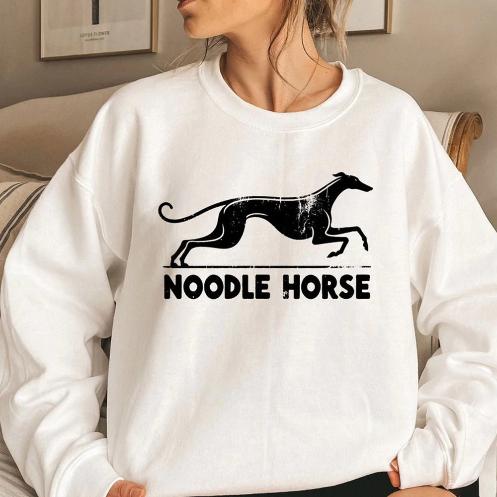 Greyhound Noodle Horse Sweatshirt | Greyhound Cozy Pullover | Sighthound Lover Crewneck | Whippet Graphic Sweater | Greyhound Lover Shirt