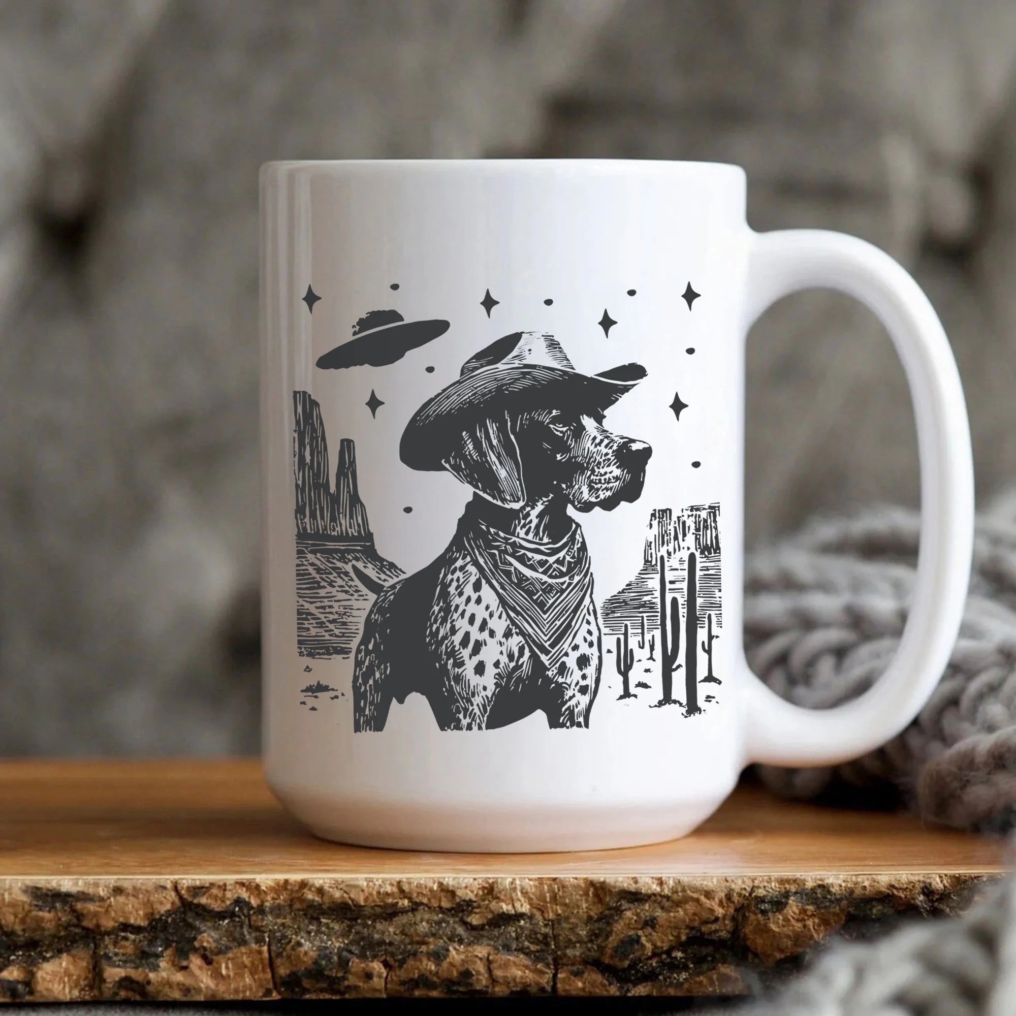 German Shorthaired Pointer Mug, Vintage GSP UFO Western Coffee Cup, Cowboy Hunter Dog Mom Dad Gift, Country Pointer Ranch Mug