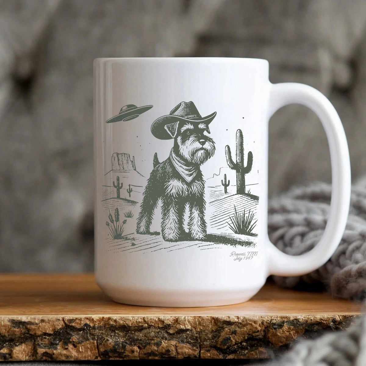 Schnauzer Mug, Vintage UFO Western Dog Coffee Cup, Retro Cowboy Dog Mom Gift, Wild West Schnauzer Dogfulness Mug