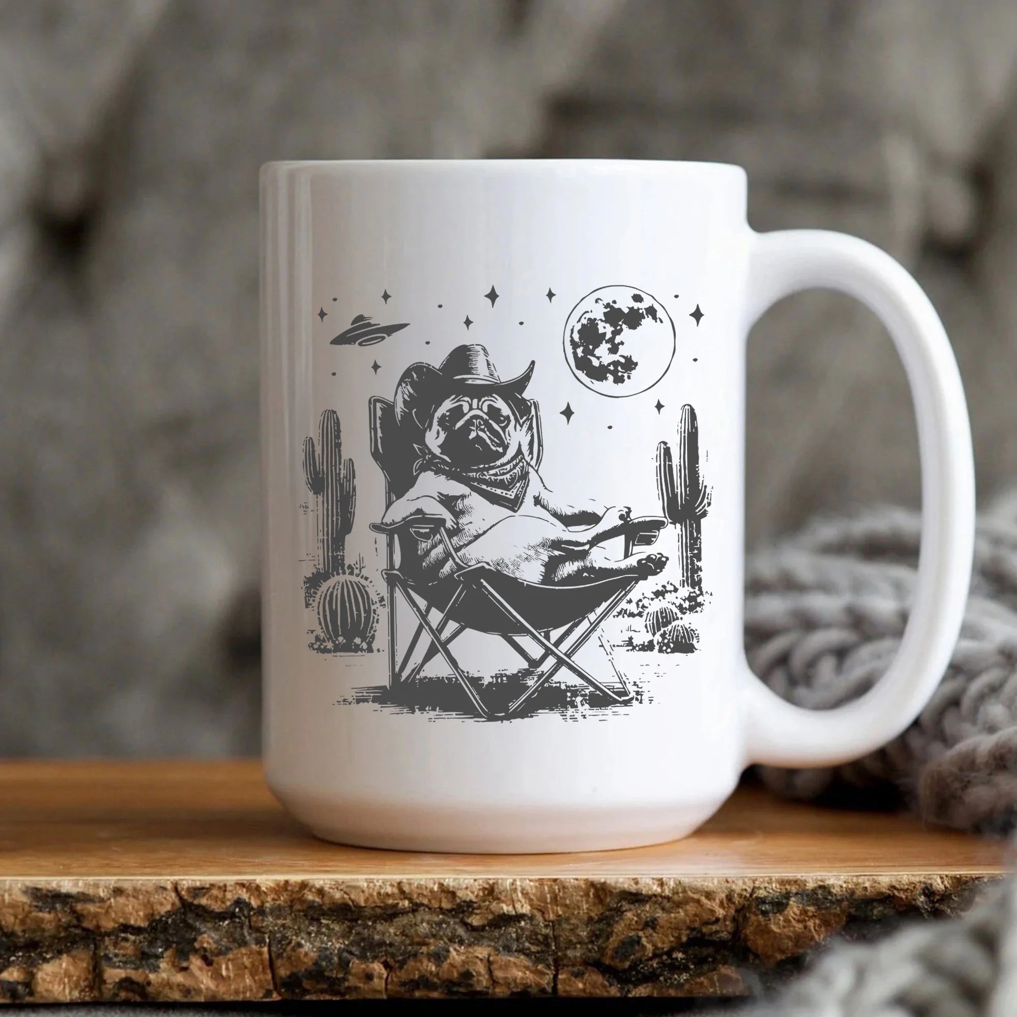 Pug Mug, Pugful Vintage UFO Western Coffee Cup, Retro Cowboy Dog Mom Gift, Wild West Dogfulness Mug
