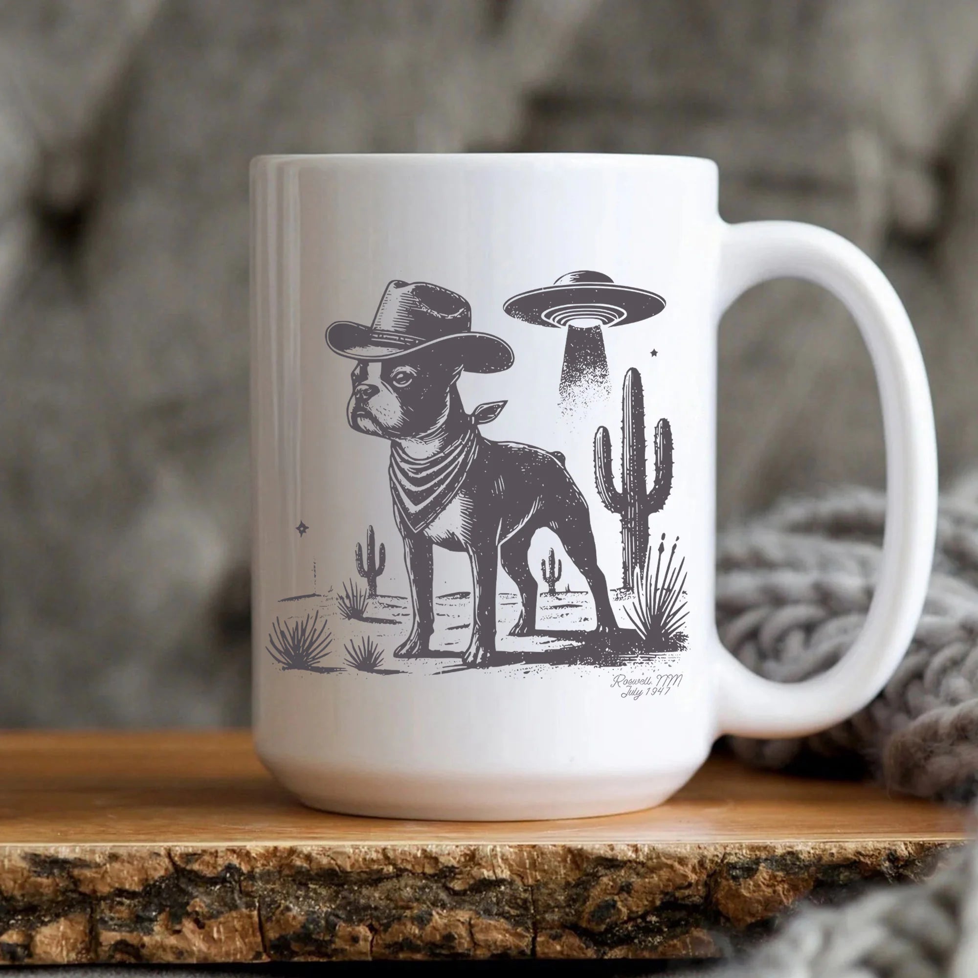 Boston Terrier Mug, Retro UFO Western Dog Coffee Cup, Vintage Cowboy Dog Mom Dad Gift, American Gentleman Sighthound Mug