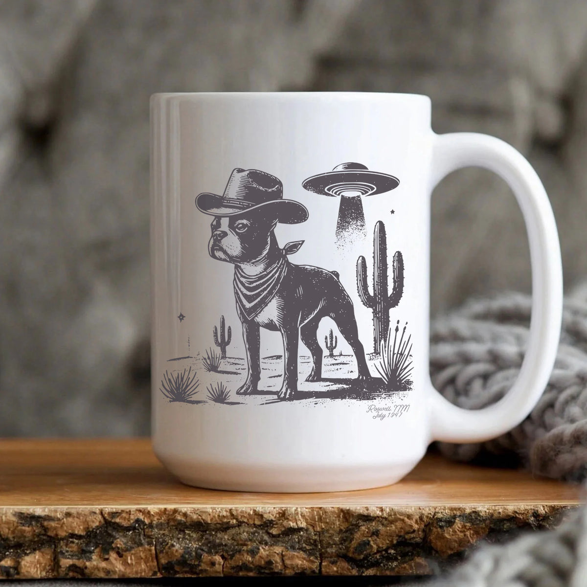 Boston Terrier Mug, Retro UFO Western Dog Coffee Cup, Vintage Cowboy Dog Mom Dad Gift, American Gentleman Sighthound Mug