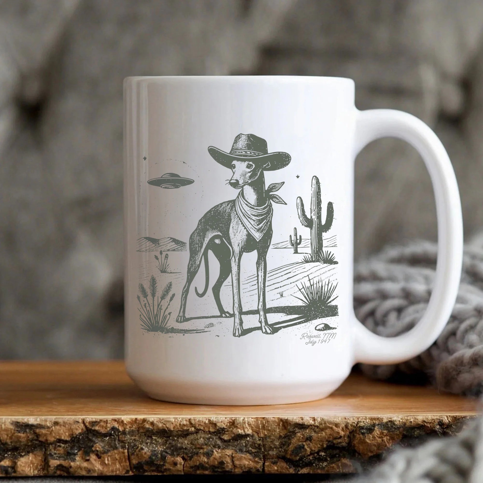 Greyhound Mug, Whippet Vintage Coffee Cup, UFO Western Dog Mug, Retro Cowboy Dog Mom Gift, Wild West Iggy Sighthound Mug
