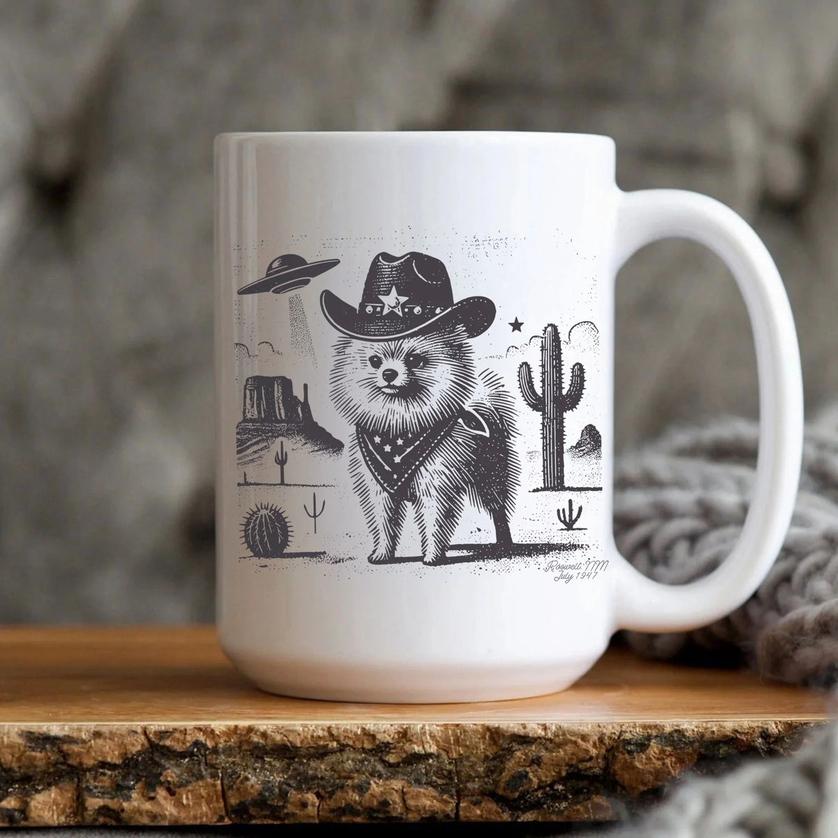 Pomeranian Mug, Vintage UFO Western Dog Coffee Cup, Retro Cowboy Pom Mom Dad Gift, Wild West Pomeranian Cup