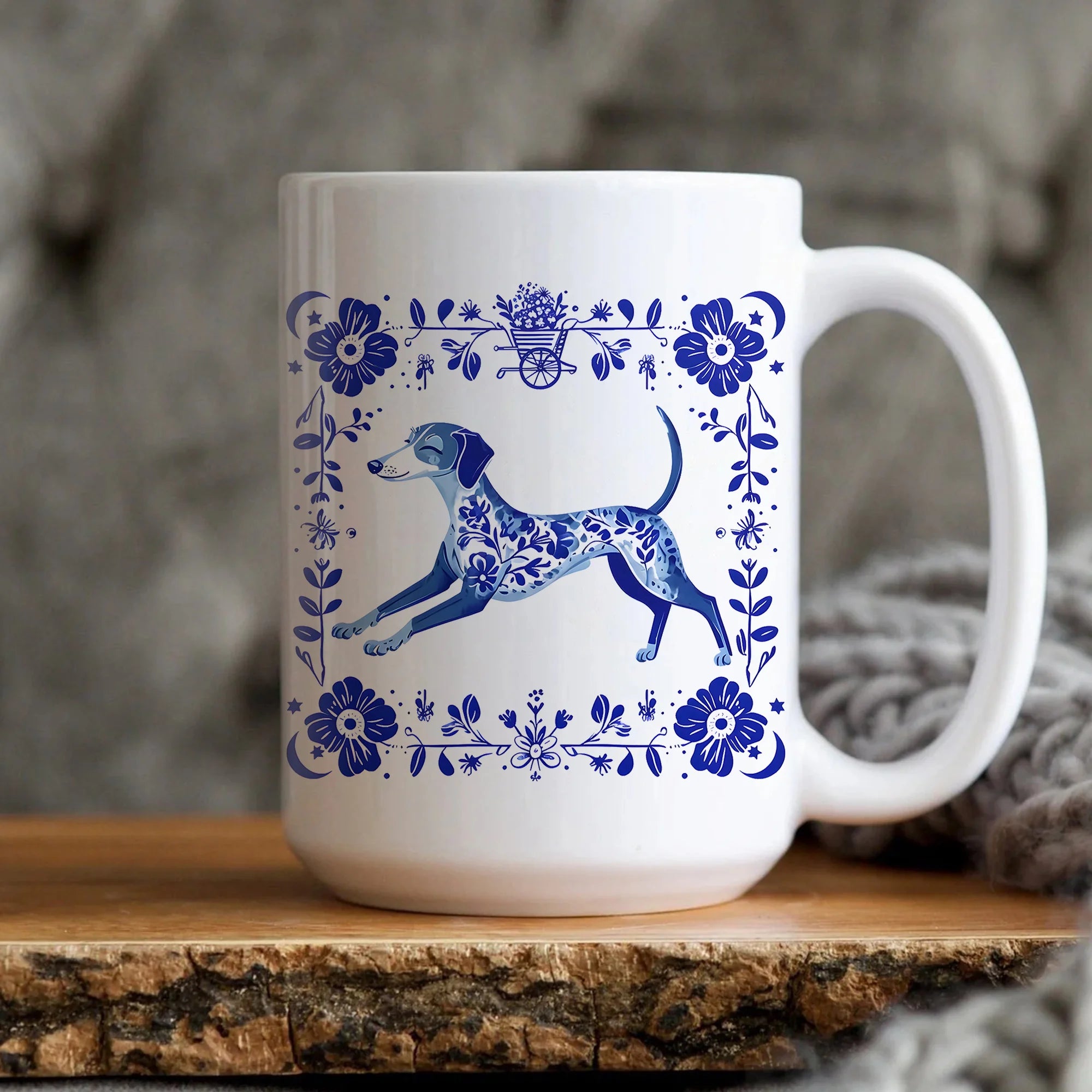 Blue Blooms & Zooms Mug | Italian Greyhound Coffee Cup | Whippet and Sighthound Lover Gift | Elegant Blue Floral Dog Art