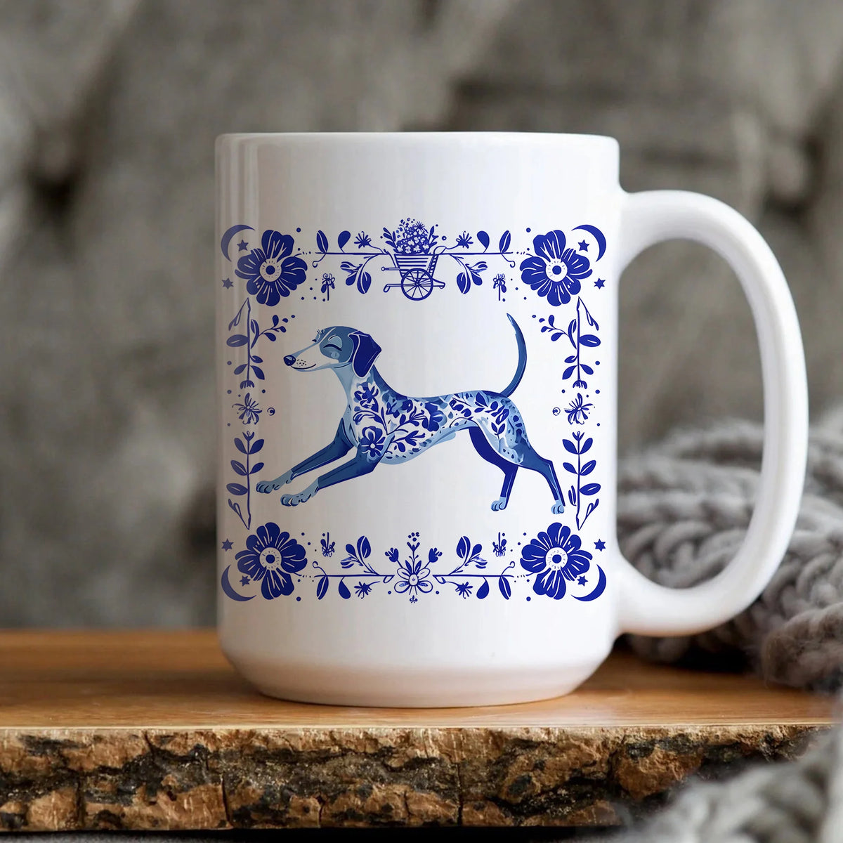 Blue Blooms &amp; Zooms Mug | Italian Greyhound Coffee Cup | Whippet and Sighthound Lover Gift | Elegant Blue Floral Dog Art