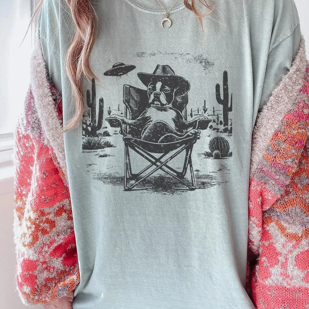 Boston Terrier Shirt Boston Terrier Retro UFO Western Shirt, Vintage Boston Dog T-Shirt Cowboy TShirt Mom Dog Dad Desert American Gentleman