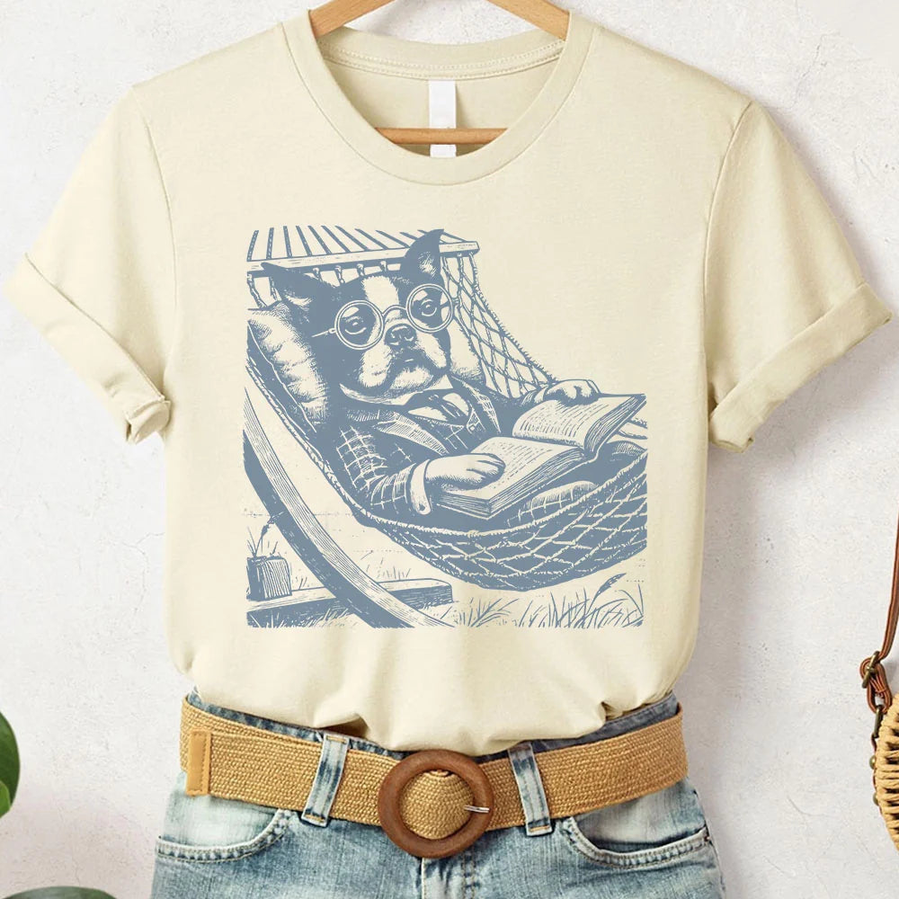 Boston Terrier, Vintage Dog T-Shirt, Funny Dog Shirt, Dog Mom Shirt, Reading Dog TShirt, Summer Hammock, Boston Mom, Dog Dad, Boston Terrier