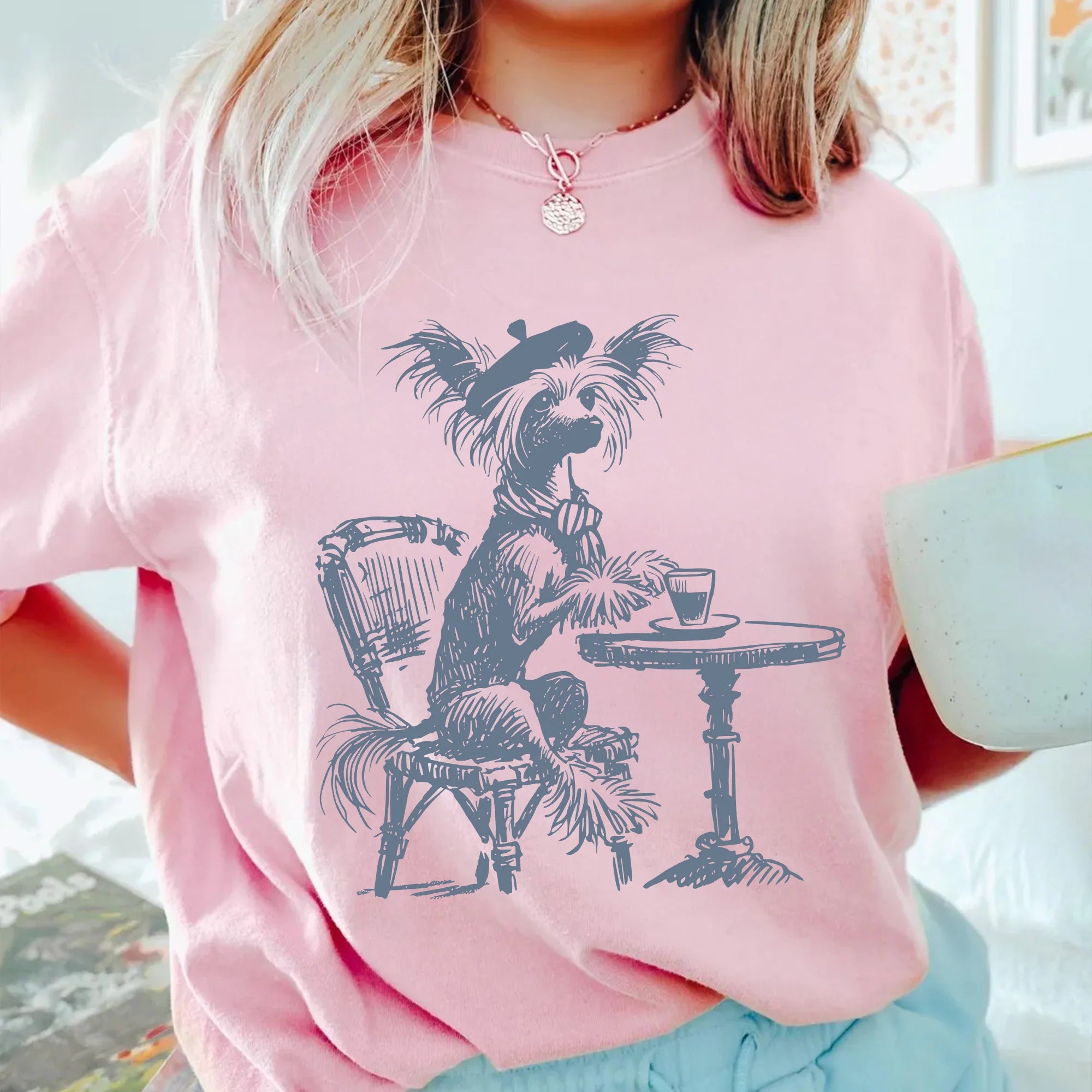Chinese Crested, Vintage Dog T-Shirt, Funny Dog Shirt, Dog Mom Shirt, Dog Drinking Coffee, Chinese Crested France, Crested Mom, Crested Dad