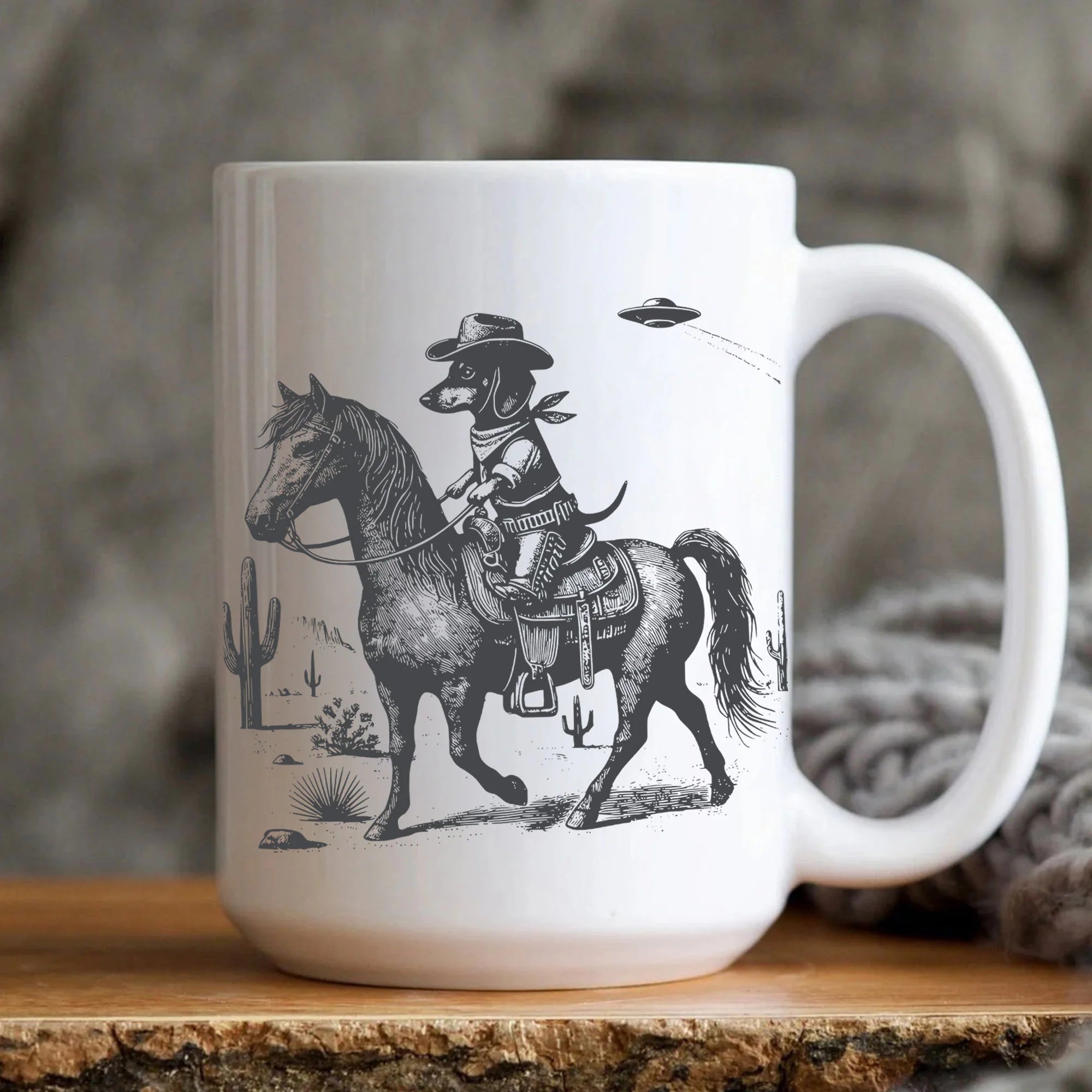 Dachshund, Wiener Dog Mug, Weenie Gift, UFO Cowboy Horseback Mug, Doxie Horse Mug, Pet Mug, Dachshund Mom, Wiener Dog Dad, Funny Mug