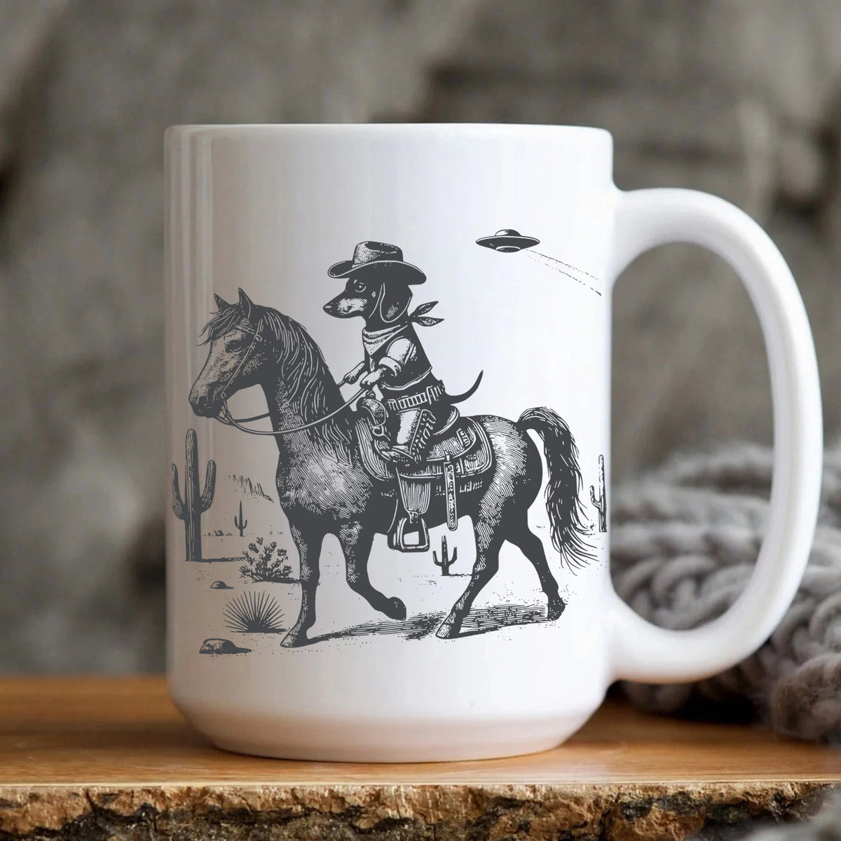 Dachshund, Wiener Dog Mug, Weenie Gift, UFO Cowboy Horseback Mug, Doxie Horse Mug, Pet Mug, Dachshund Mom, Wiener Dog Dad, Funny Mug