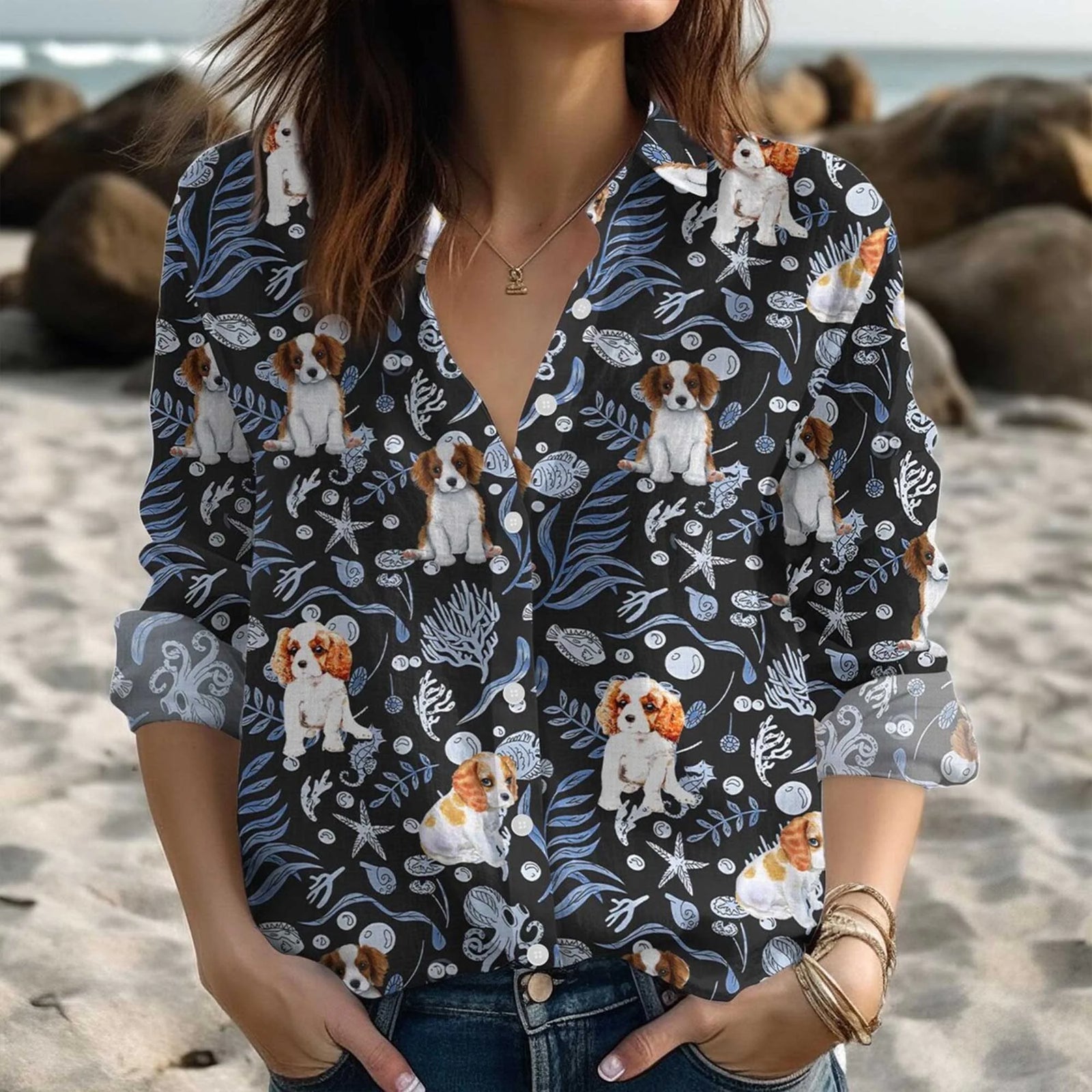 Cavalier King Charles Spaniel Blouse Shirt, Dog Casual Shirt, Cavalier King Shirt, Blouse Shirt Women, Blouses Tops Women, Gift For Mom