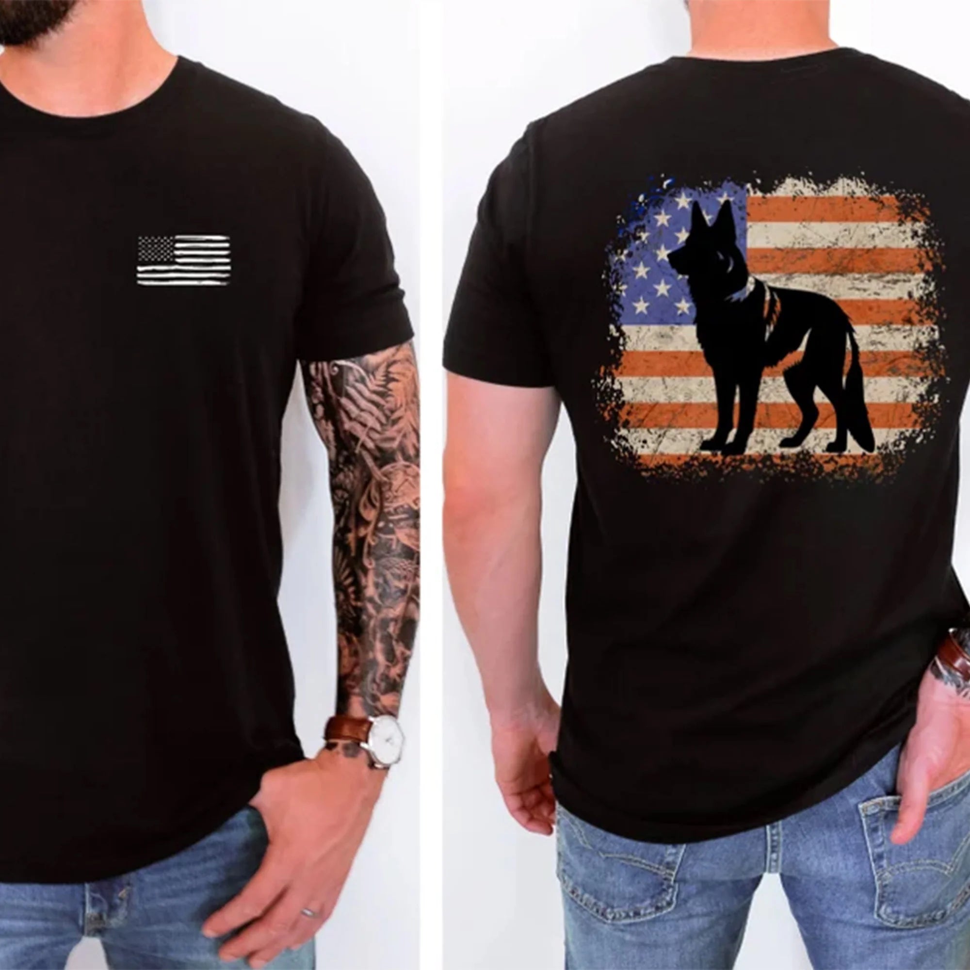 German Shepherd American Flag Tee, Patriotic Design, Dog Lovers T-shirt, Military Inspired, Police Dog Design, Unisex Jersey Short Sleeve Tee