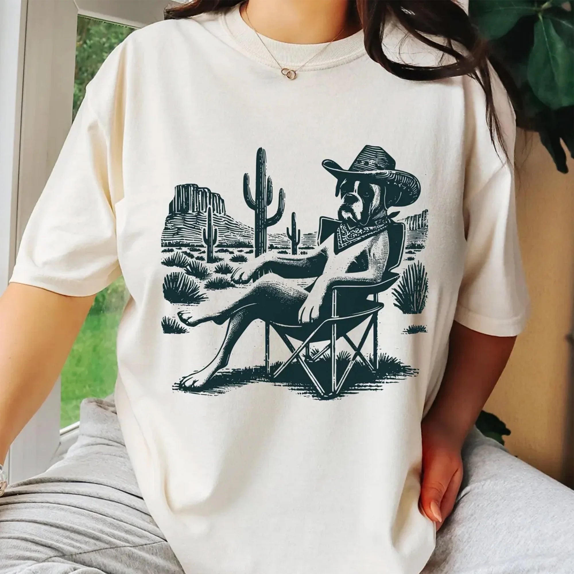 Vintage Boxer Dog Western Shirt – Cowboy Boxer Tee, Retro Desert Dog Chill T-Shirt, Gift for Boxer Mom, Dad & Dog Lovers