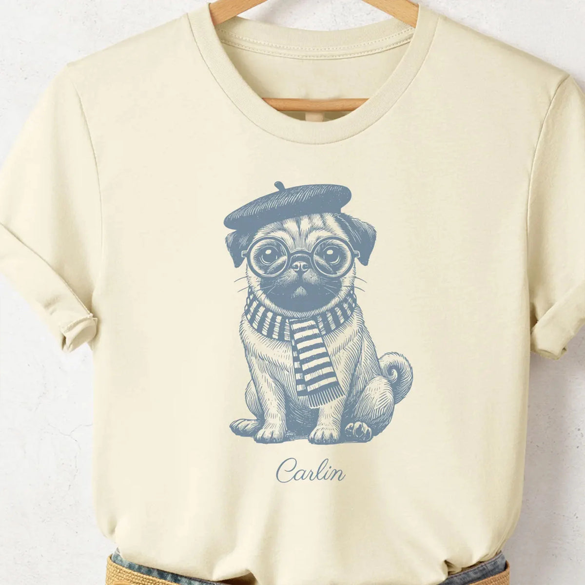 Pug, Carlin T-Shirt, French Dog, Vintage Dog TShirt, Pug Mom, Funny Dog Shirt, Pug Dad Gift, Paris France Beret shirt