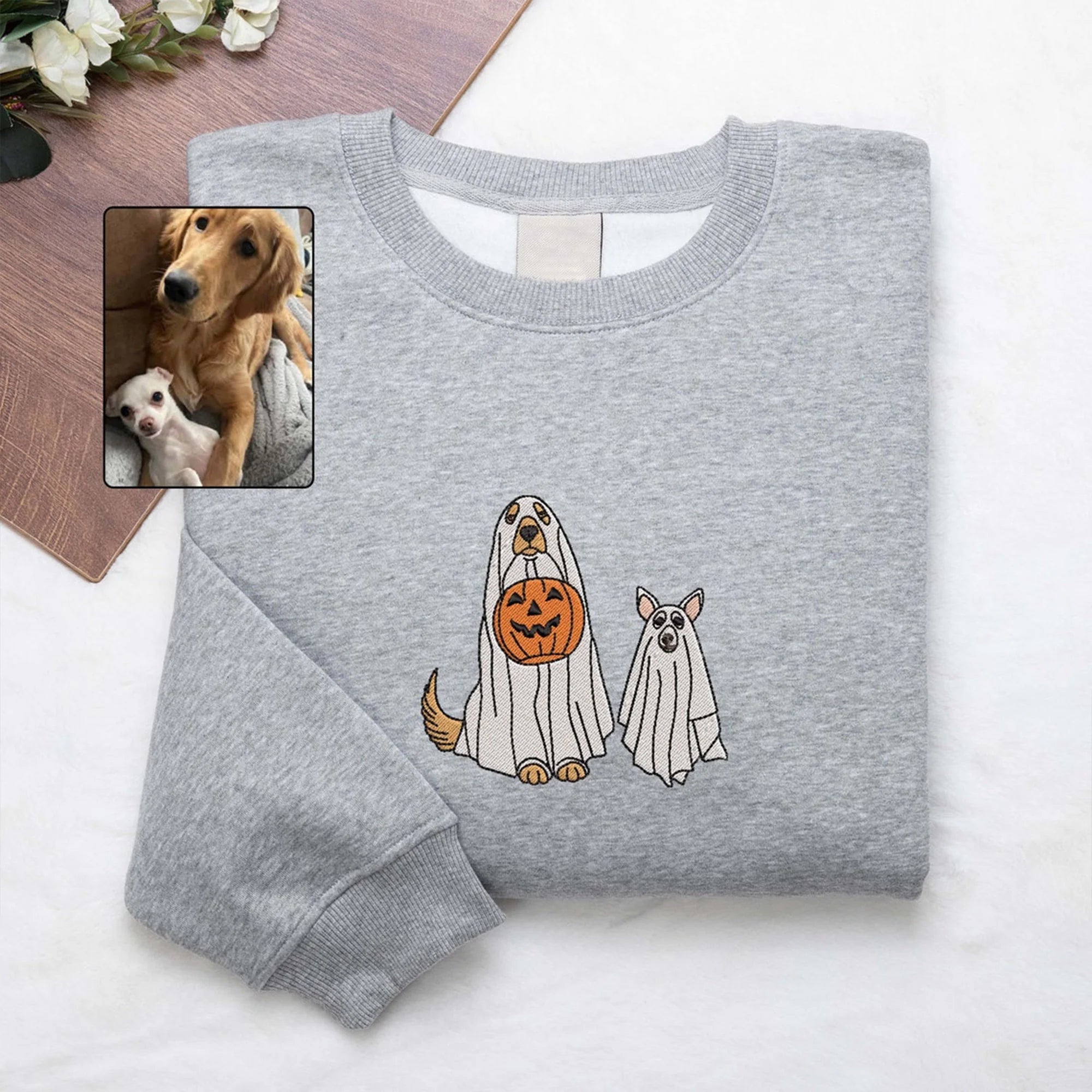 Personalized Dog Embroidered Sweatshirt Halloween Ghost Dog Hoodie Halloween Embroidered Sweatshirt Dogs Embroidered, Pet Ghost Sweatshirt