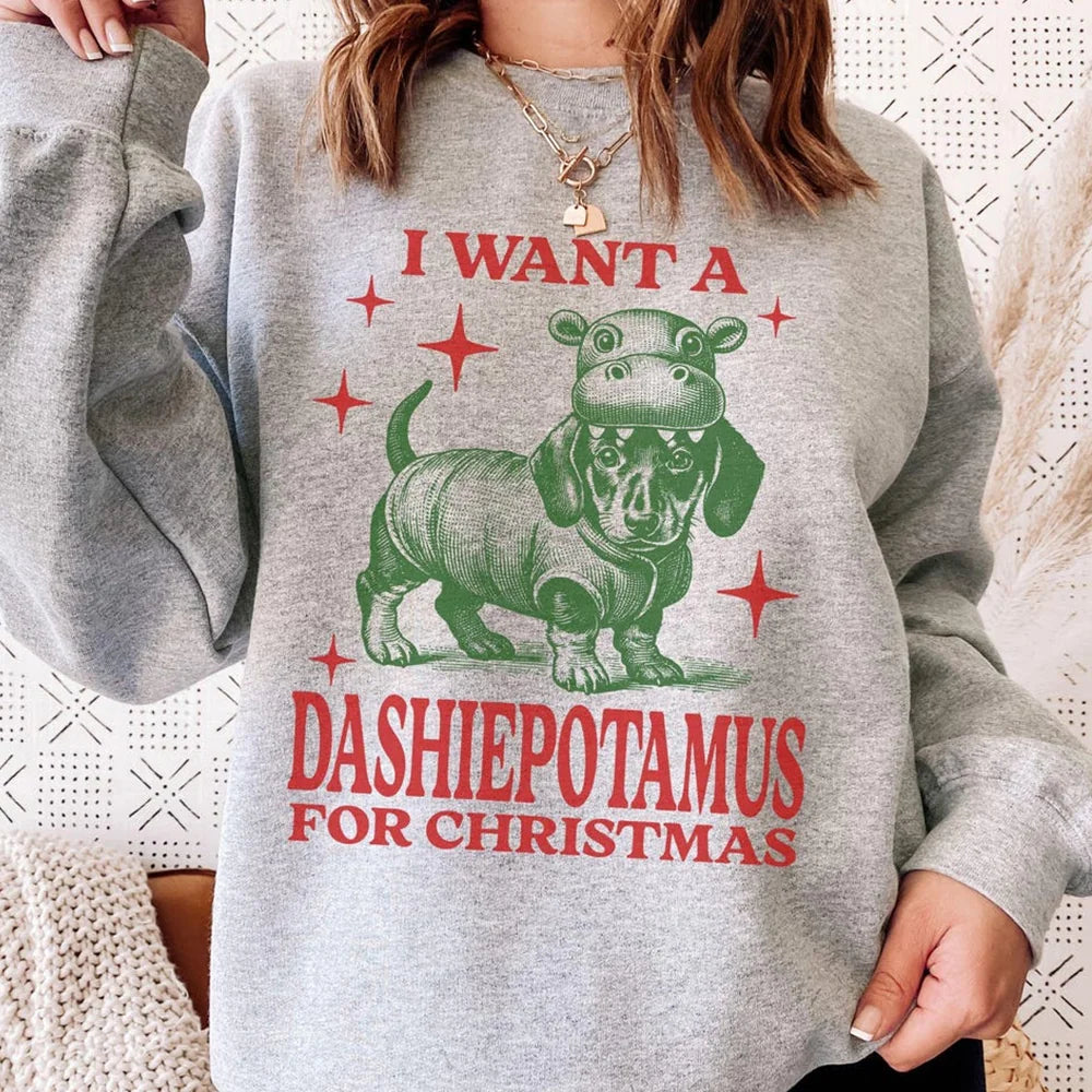 Dachshund Christmas Sweatshirt, Funny Holiday Dashie Sweater Xmas Doxie Crewneck Dashiepotamus Graphic Dachshund Mom Gift Dog Dad Pet Owner