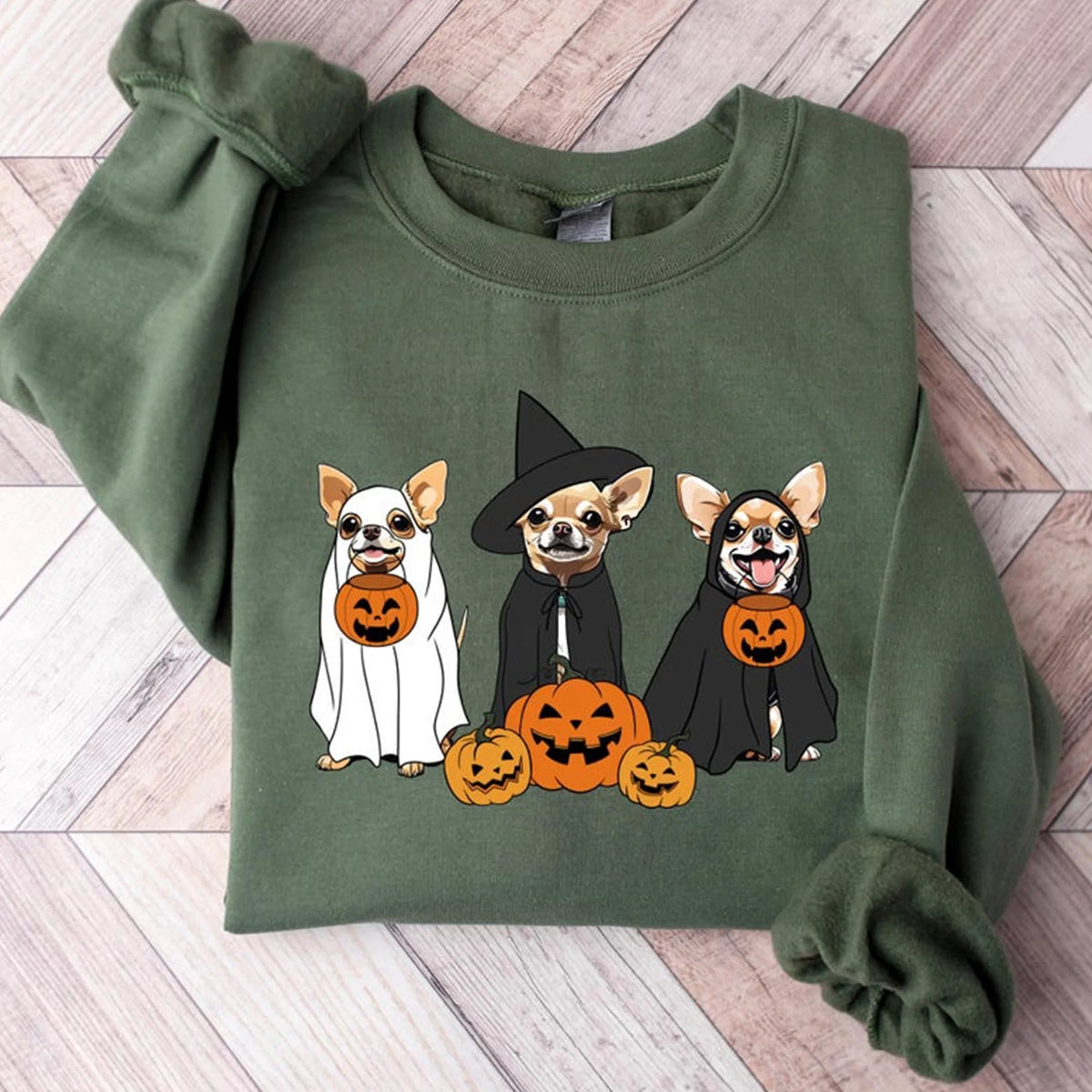 Ghost And Witch Chihuahua Halloween Sweatshirt, Ghost Chihuahua Shirt, Dog Lover Gift, Halloween Ghost Dog for Women, Retro Halloween shirt