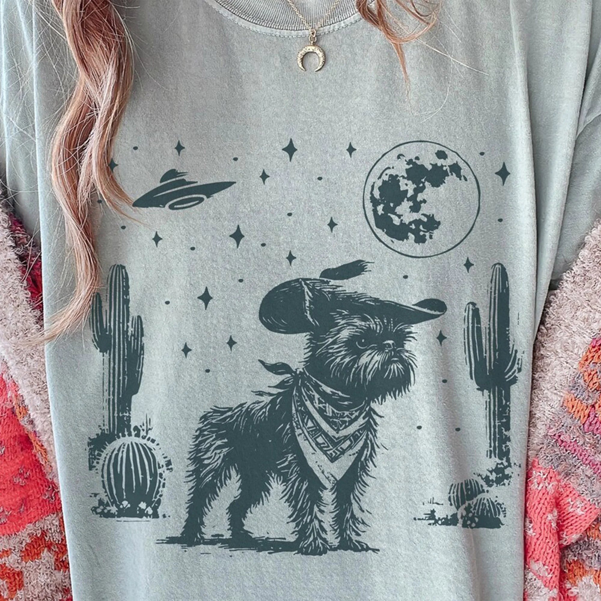 Vintage Brussels Griffon UFO Shirt – Western Cowboy Dog Tee, Retro Alien Dog T-Shirt, Perfect Gift for Griffon Mom, Dad & Dog Lovers