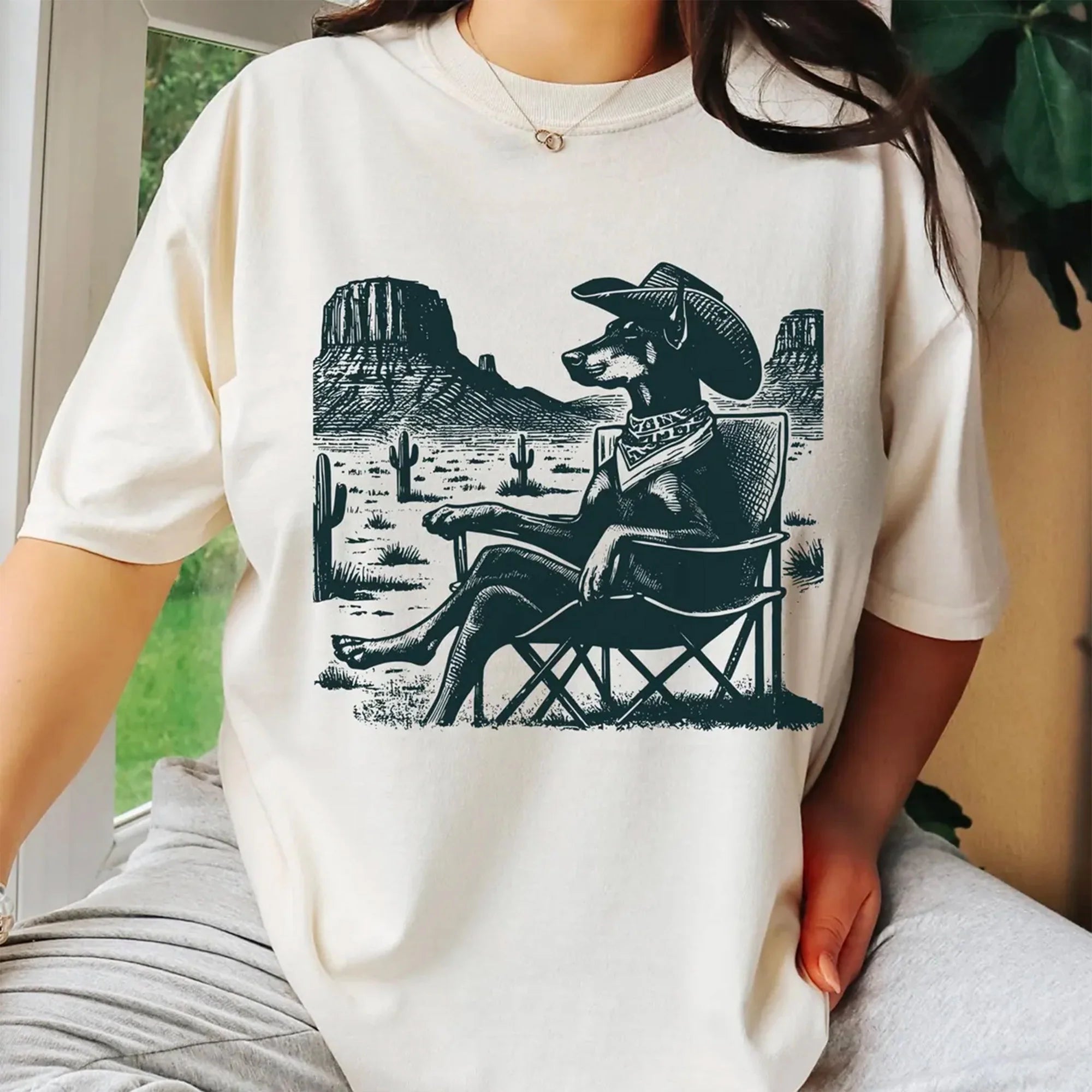 Vintage Doberman Western Shirt – Cowboy Doberman Tee, Retro Desert Dog Chill T-Shirt, Gift for Doberman Mom, Dad & Dog Lovers