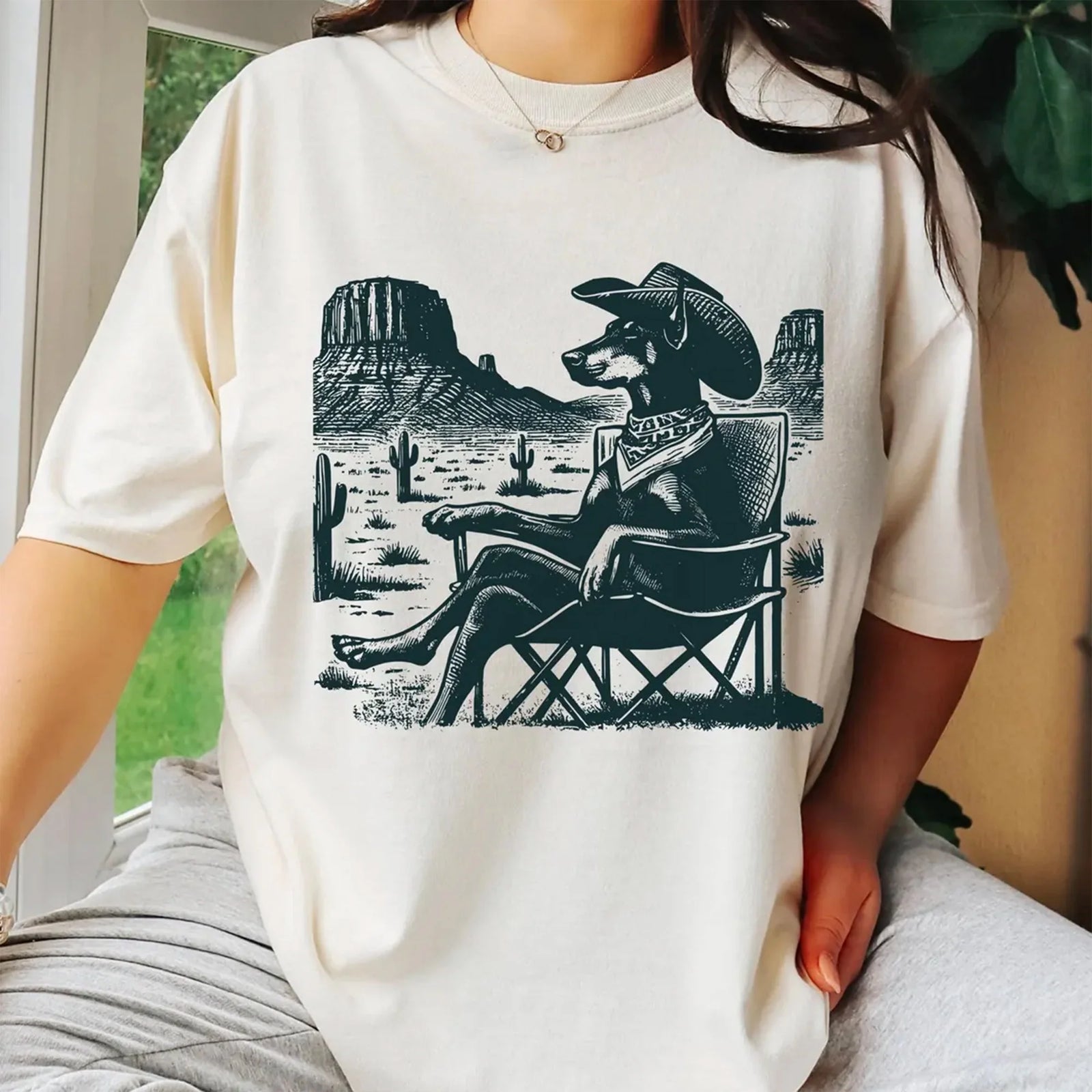 Vintage Doberman Western Shirt – Cowboy Doberman Tee, Retro Desert Dog Chill T-Shirt, Gift for Doberman Mom, Dad & Dog Lovers