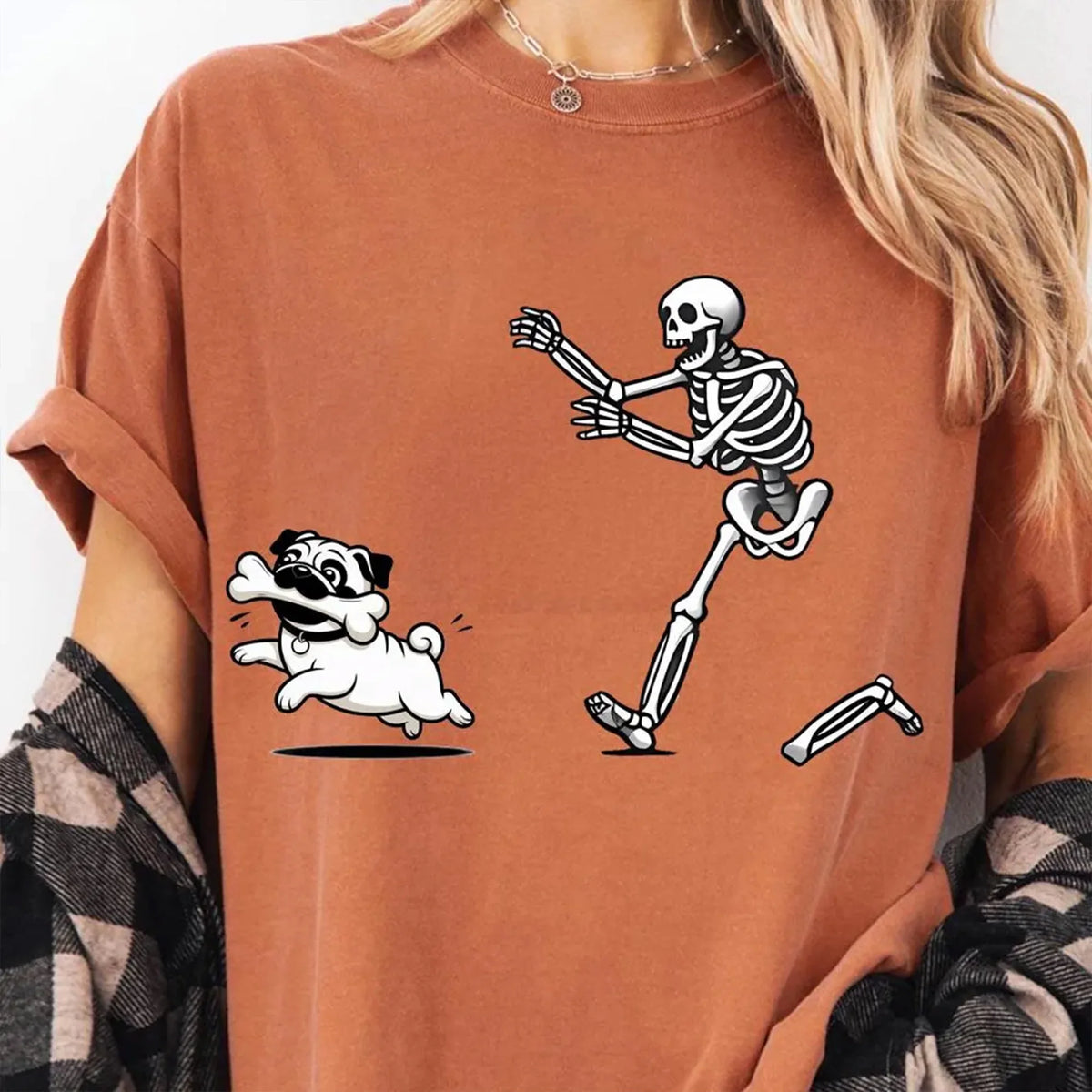 Funny Skeleton Chasing Pug T-Shirt, Cute Halloween Pug Shirt, Spooky Cartoon Pet Shirt, Funny Halloween Shirt, Pet Lover Gift
