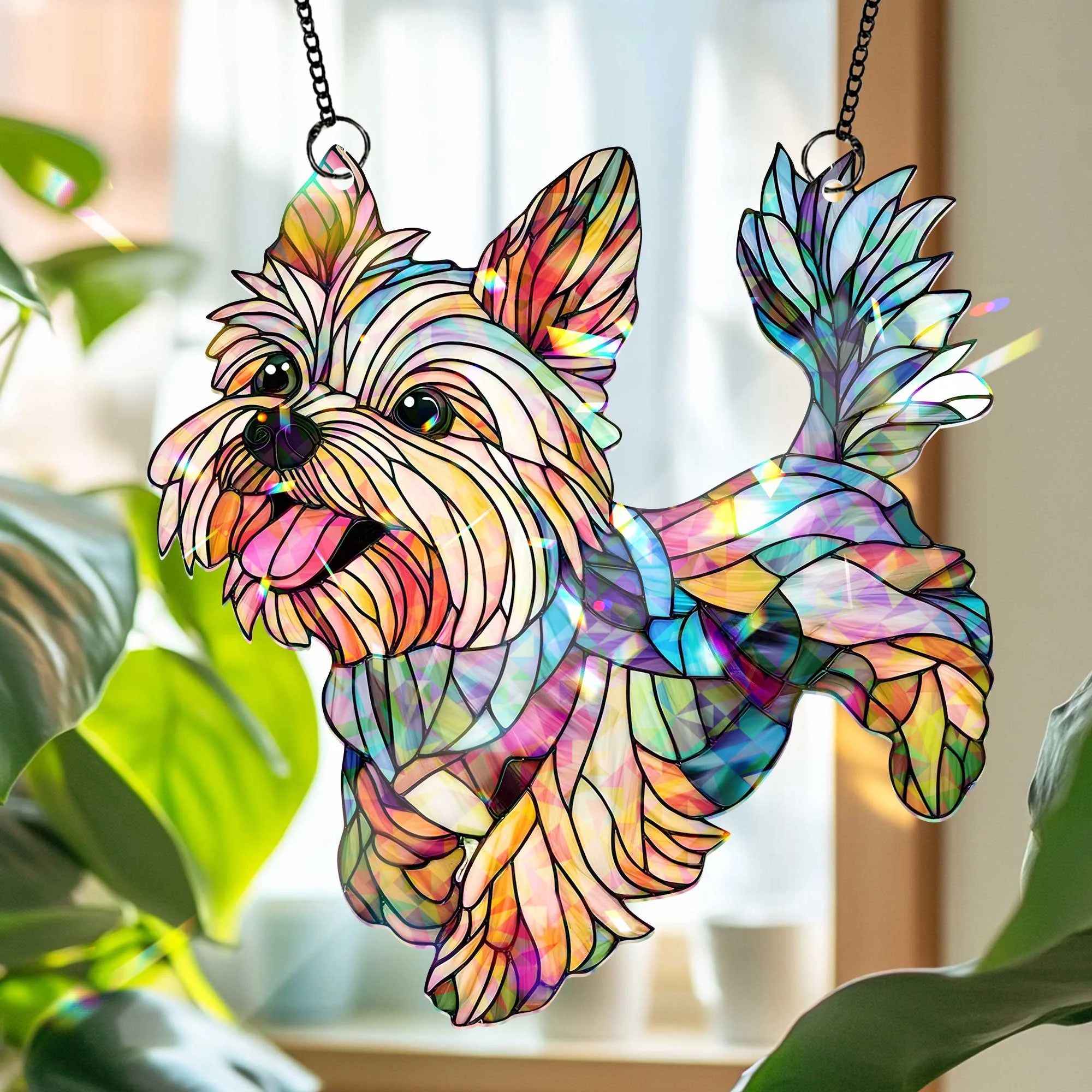 Acrylic Yorkie Dog Glass Hologram Acrylic, Yorkshire Terrier Window Hanging, Dog Lover Gift, Pet Memorial Ornament, Colorful Dog Decor for Home