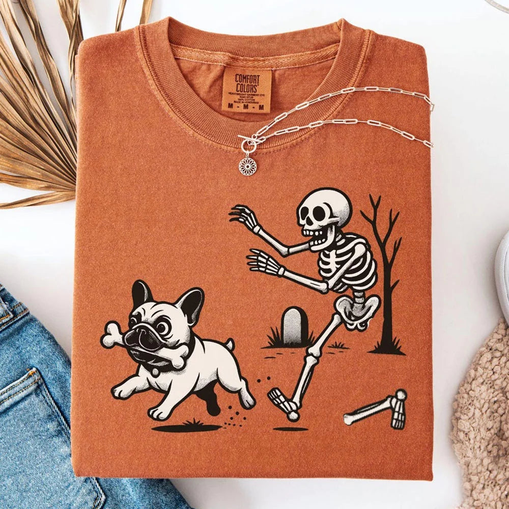 Comfort Colors Halloween French Bulldog T-Shirt, Halloween Dog Shirt, Funny Frenchie Shirt, Funny Halloween Shirt, Funny Skeleton Tee, Spooky