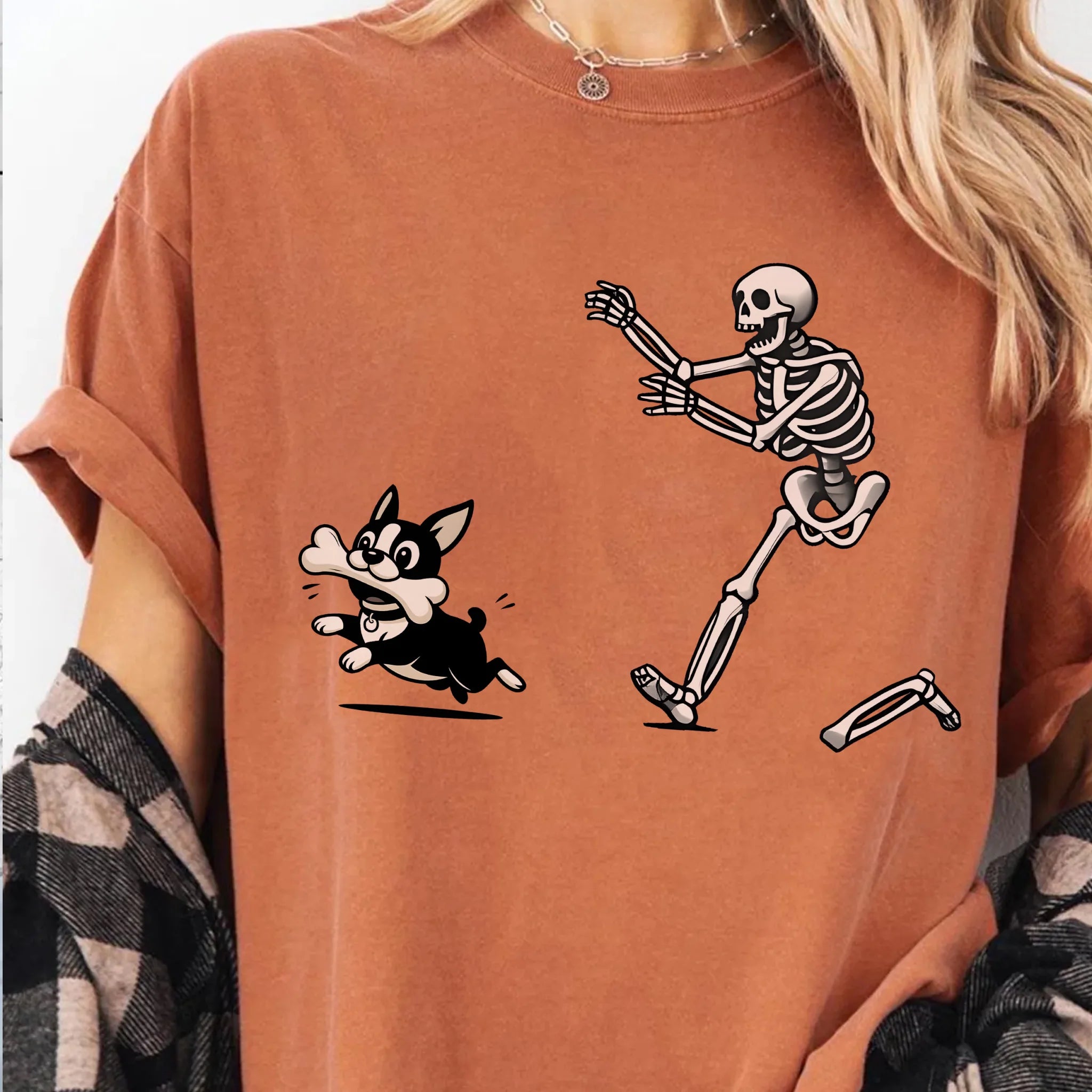 Funny Skeleton Chasing Boston Terrier T-Shirt, Cute Halloween Boston Terrier Shirt, Spooky Cartoon Pet Shirt, Funny Halloween Shirt, Pet Lover Gift