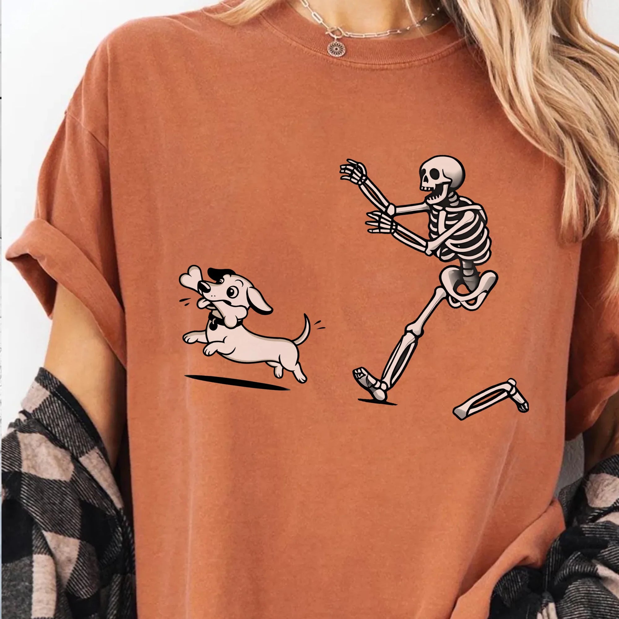 Funny Skeleton Chasing Dachshund T-Shirt, Cute Halloween Dachshund Shirt, Spooky Cartoon Pet Shirt, Funny Halloween Shirt, Pet Lover Gift