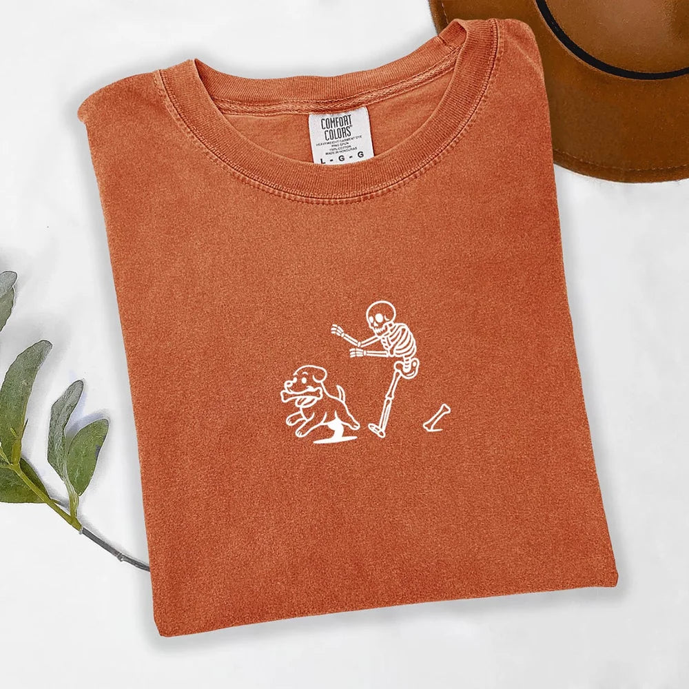 Skeleton and Dog T-Shirt, Dog Lover Gift, Halloween Dog Shirt, Cute Skeleton Dog Spooky Season Comfort Colors Tee, Funny Skeleton Shirt