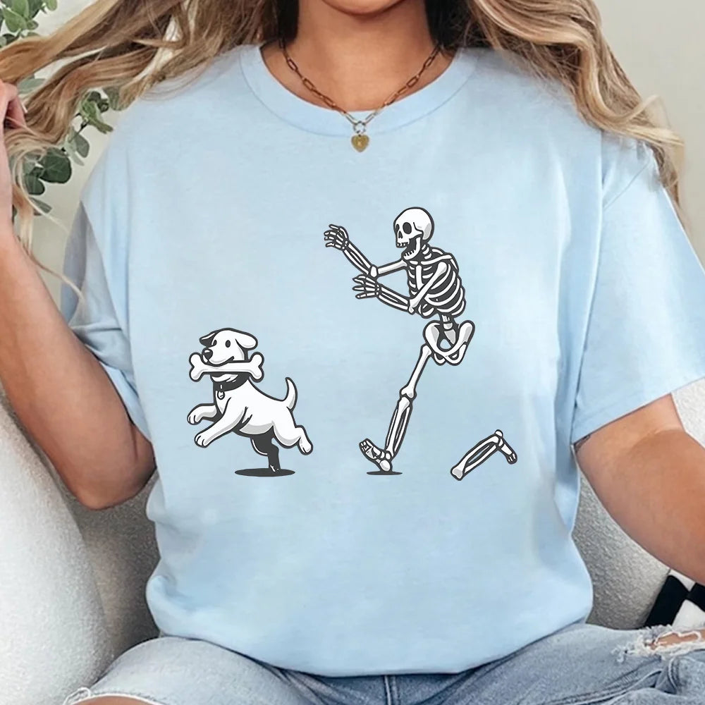 Halloween Skeleton Chasing Dog T-shirt, Dog Lover Gifts, Funny Skeleton Shirts, Halloween Skeleton Shirt, Spooky Season Tee