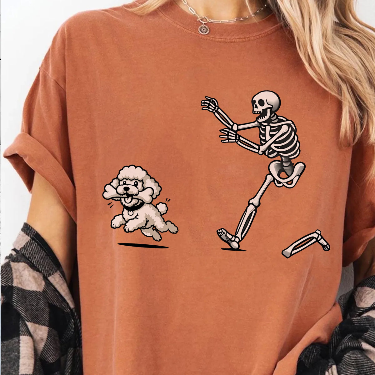 Funny Skeleton Chasing Poodle T-Shirt, Cute Halloween Poodle Shirt, Spooky Cartoon Pet Shirt, Funny Halloween Shirt, Pet Lover Gift