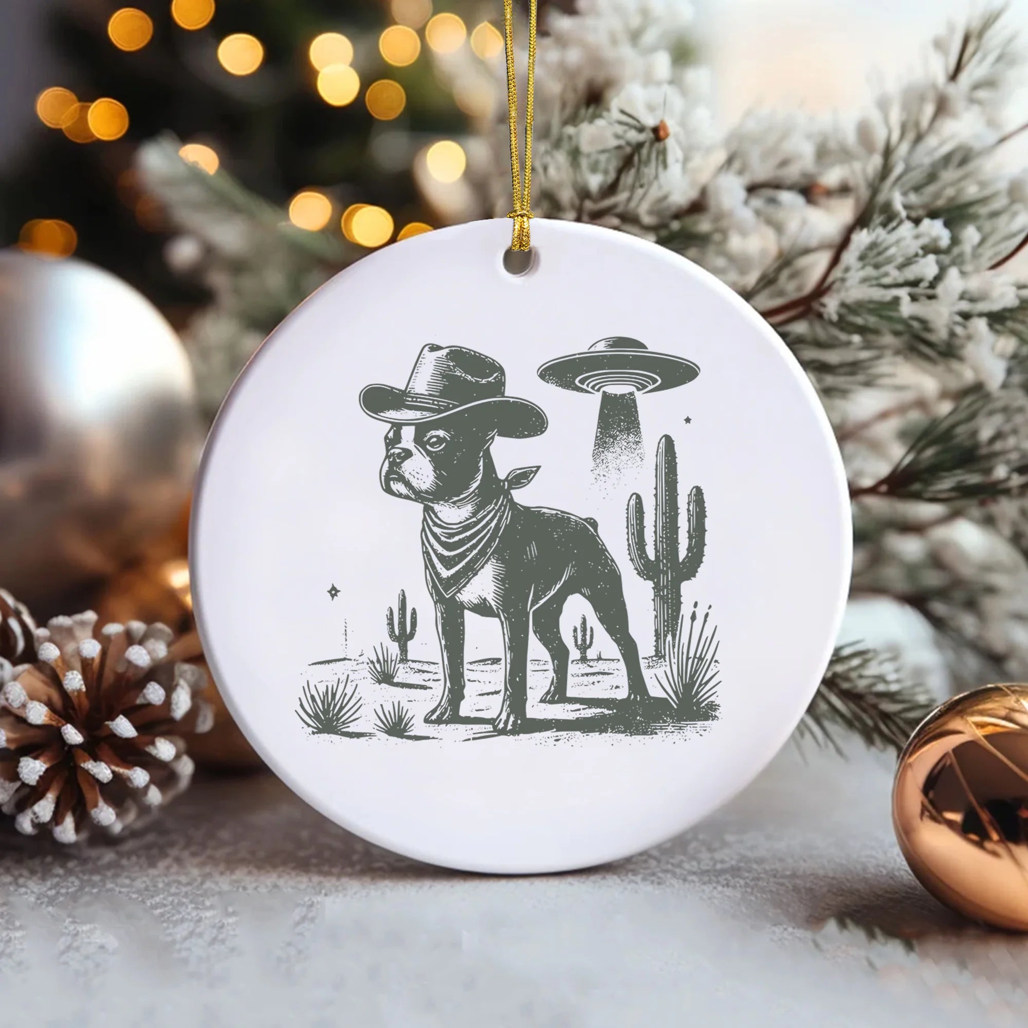 Boston Terrier Ceramic Ornament, Retro UFO Western Dog Ornament, Vintage Cowboy Wild West Keepsake, Dog Mom Dad Holiday Gift