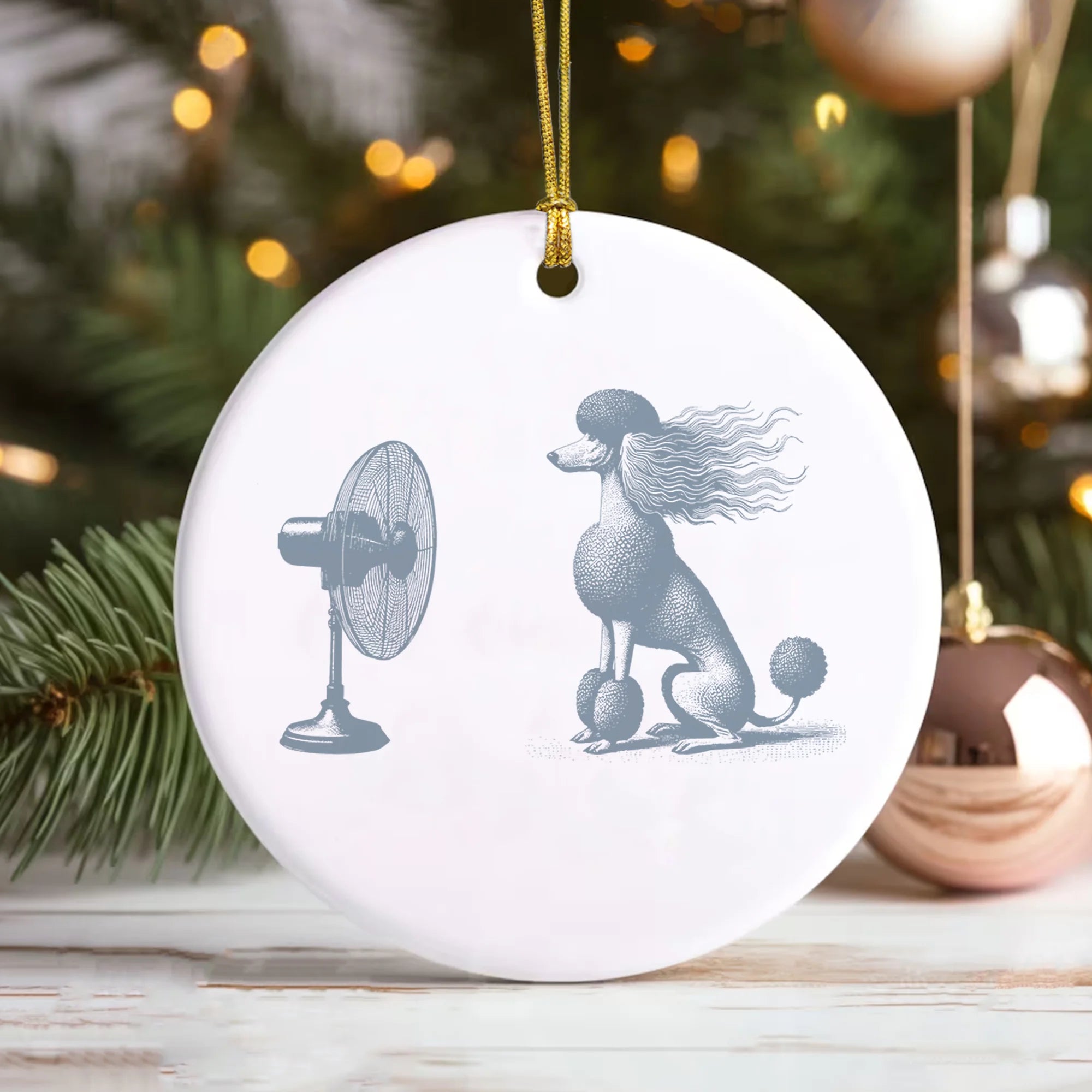 Poodle Ceramic Ornament, Vintage Dog with Fan Ornament, Funny Standard or Mini Poodle Keepsake, Dog Mom Dad Holiday Gift