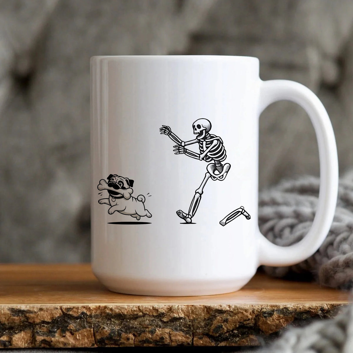 Funny Skeleton Chasing Pug Mug, Cute Halloween Pug Coffee Cup, Spooky Cartoon Dog Mug, Funny Halloween Mug, Pet Lover Gift