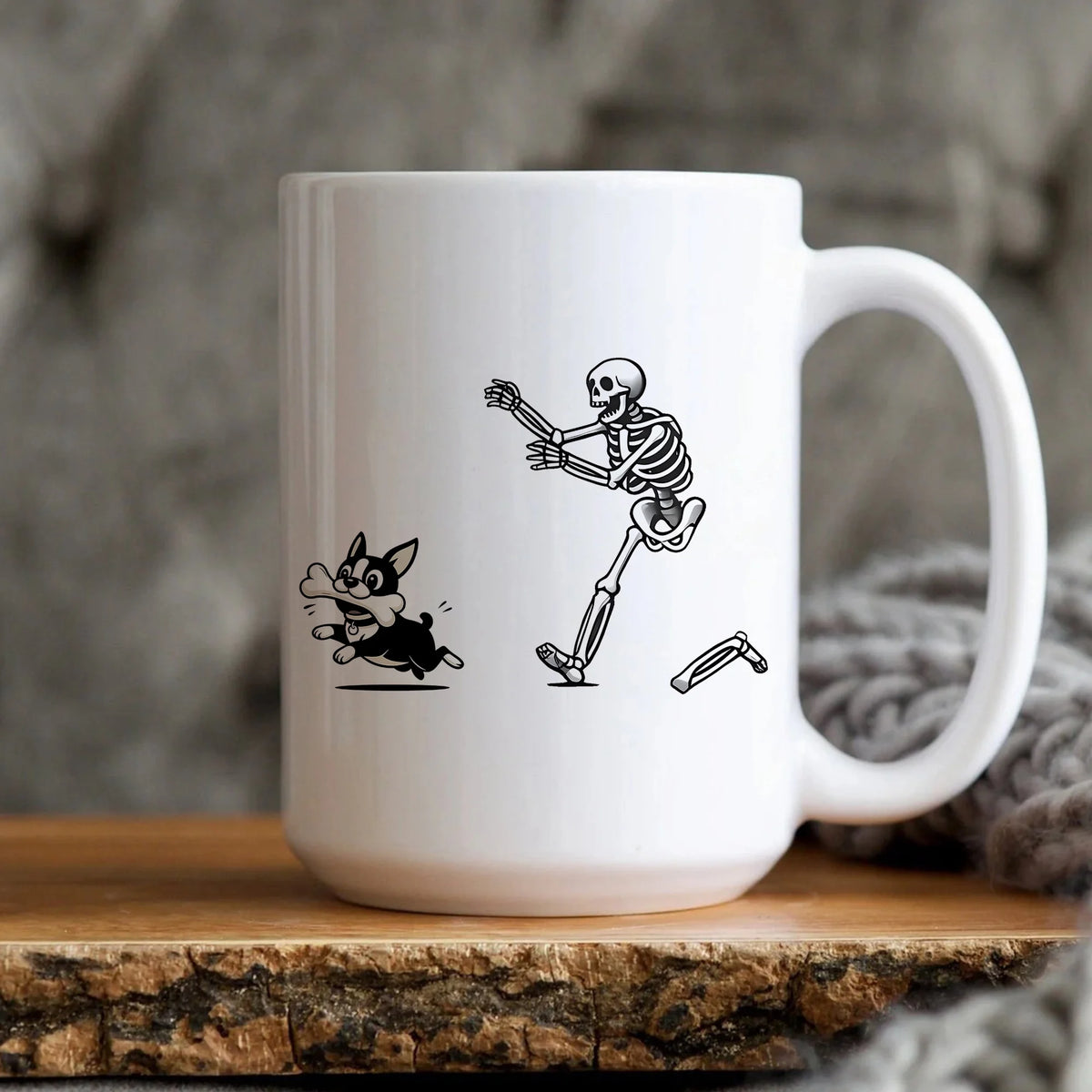Funny Skeleton Chasing Boston Terrier Mug, Cute Halloween Boston Terrier Coffee Cup, Spooky Cartoon Dog Mug, Funny Halloween Mug, Pet Lover Gift