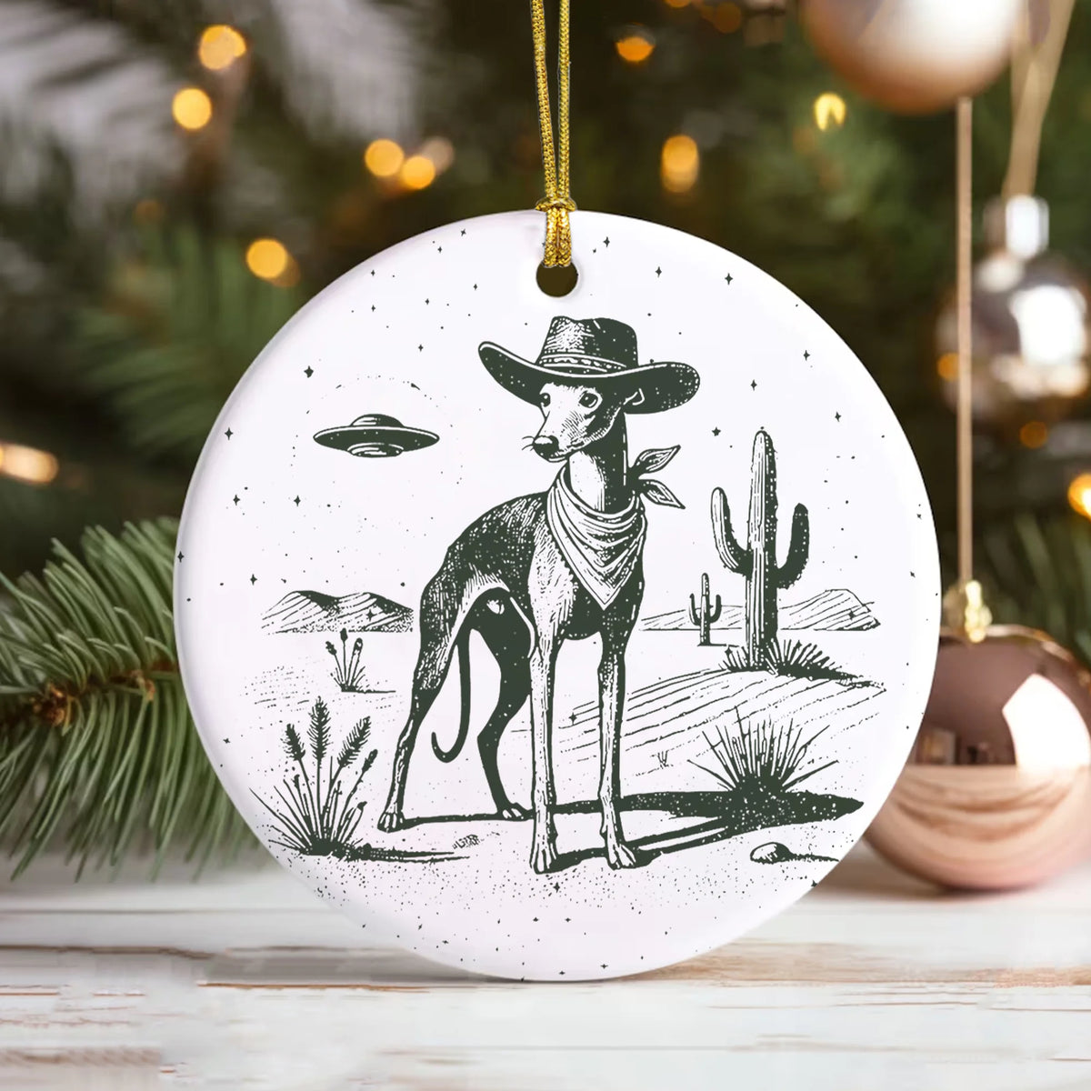 Greyhound Ceramic Ornament, Whippet Vintage UFO Western Ornament, Retro Cowboy Dog Mom Keepsake, Wild West Iggy Holiday Gift